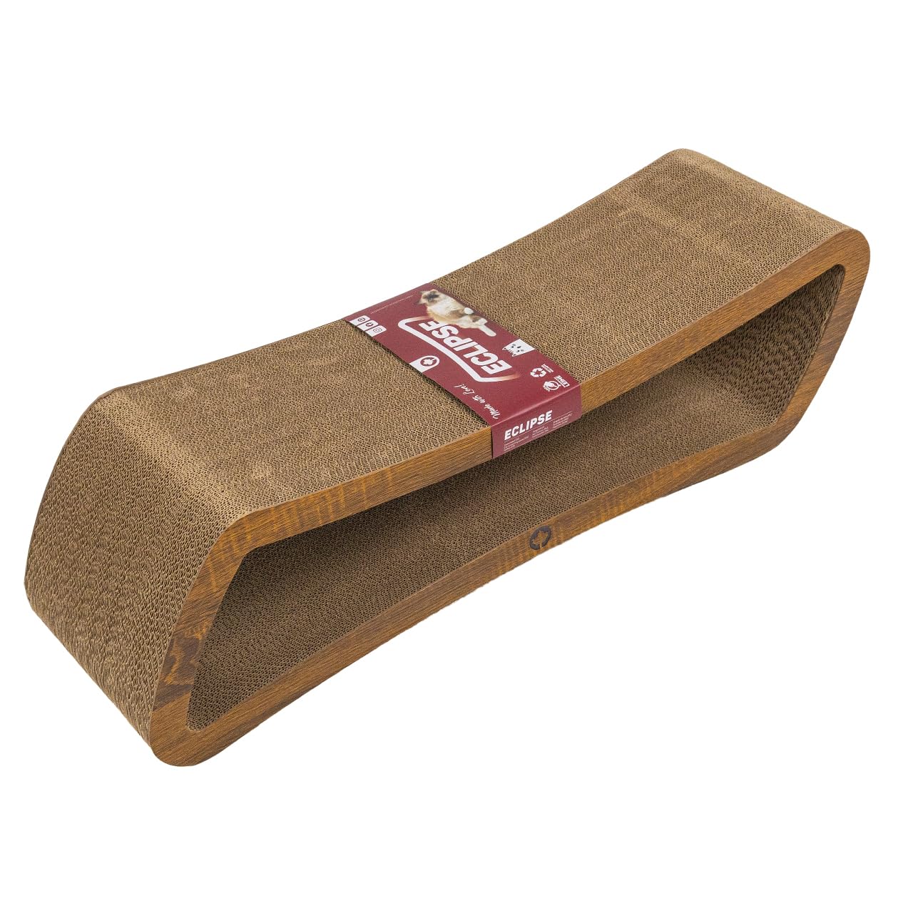 CanadianCat Company | Kratzbrett Eclipse für Katzen - 84 x 24 x 23 cm - doppelseitig nutzbar - stabile Wellpappe - Holzoptik Walnuss - Kratzmöbel & Liegeplatz