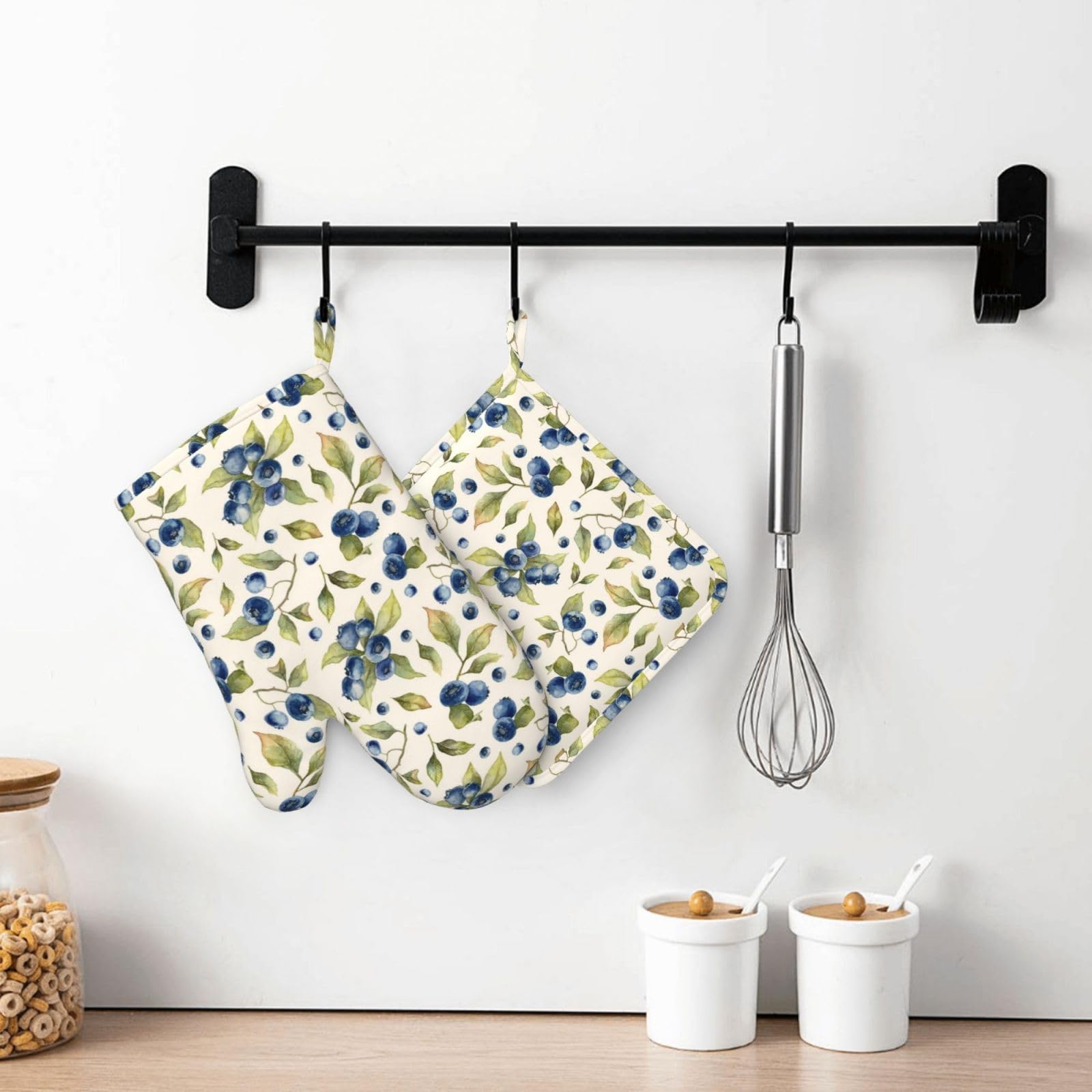 Juego de 4 manoplas de horno y agarraderas de acuarela y arándanos, guantes de horno y agarraderas de frutas azules, resistentes al calor, decoración de hojas botánicas, guantes de cocina