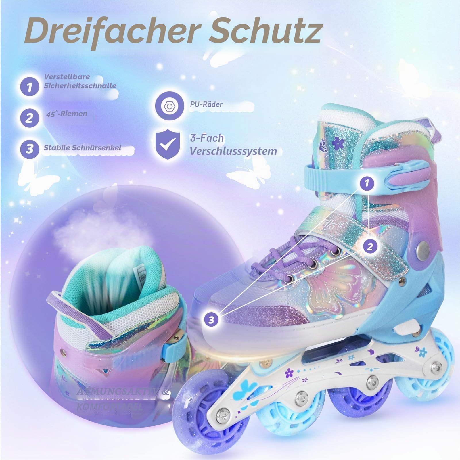 Nattork Kinder Inliner für Mädchen, 4 Größen Verstellbare Inline Skates, Schmetterling Inline Rollschuhe für Mädchen