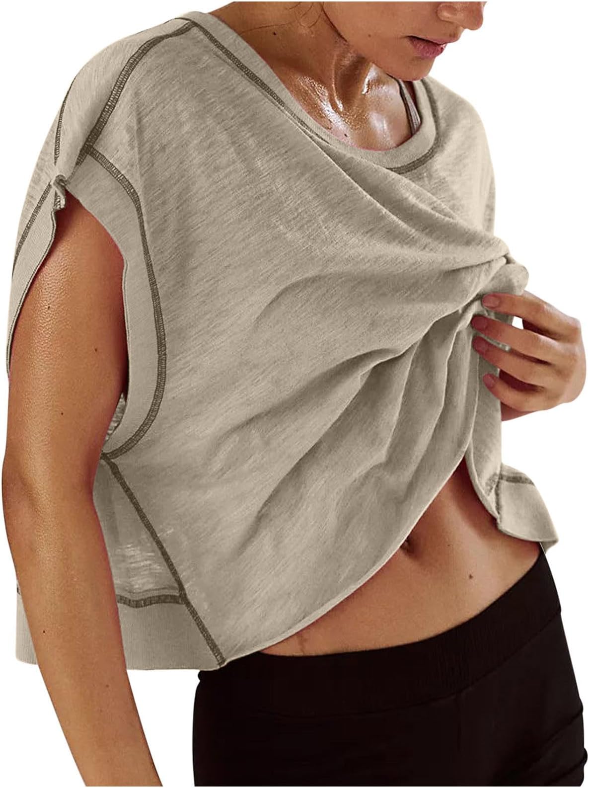 GenericOpen Back Tops for Women Workout Crop Tops Short Sleeve Casual Backless Gym Yoga Shirts Loose Fit Athletic Tops