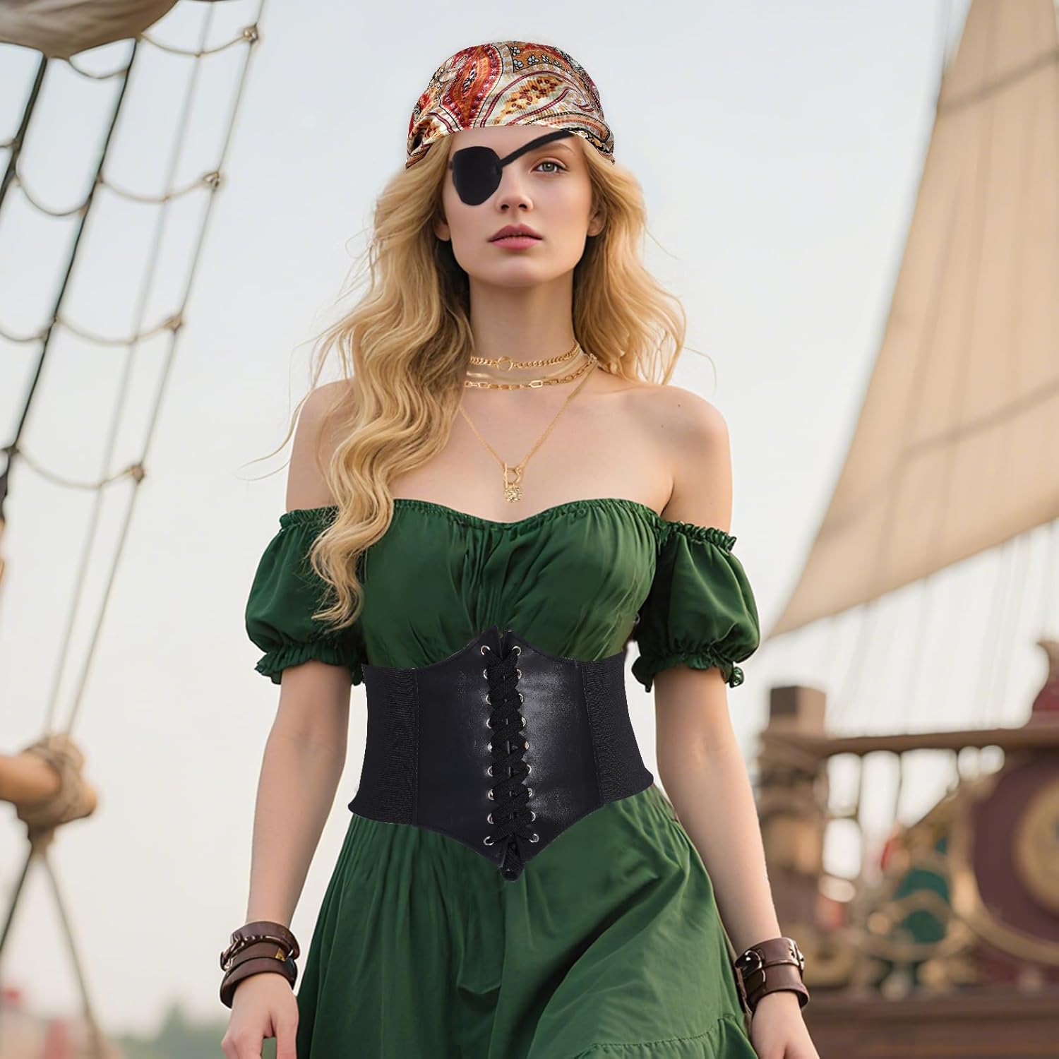4Pcs Women Pirate Costume Set Including Pirate Head Scarf Layered Necklace Eye Patch Corset Belt for Halloween Renaissance Party Outfit Multi - Image 6