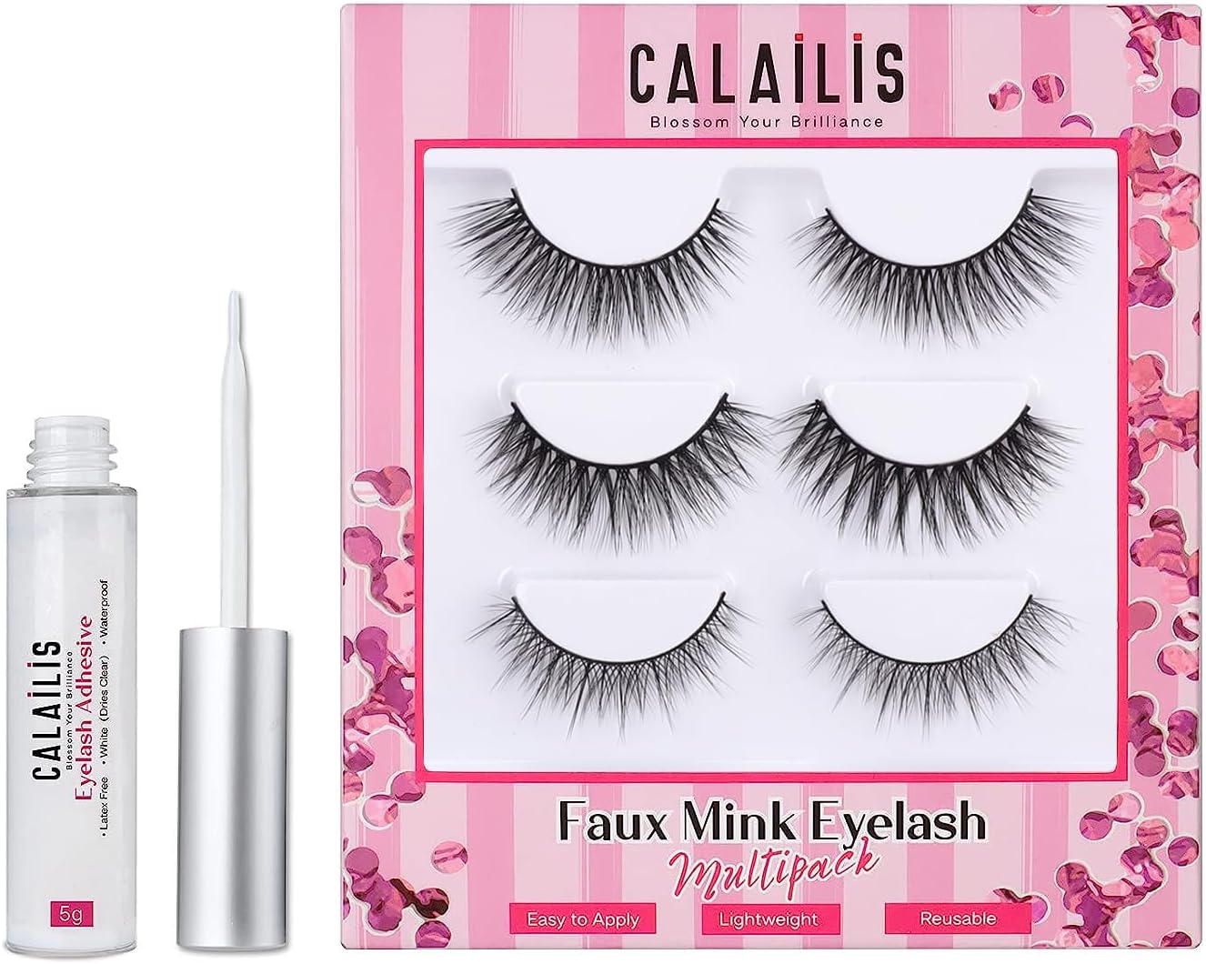 False Eyelash, Eye Makeup Lash 3D Faux Mink Fake Eyelash Long Natural Eyelashes 3 Pairs with 5g False Eyelash Glue (CS11)