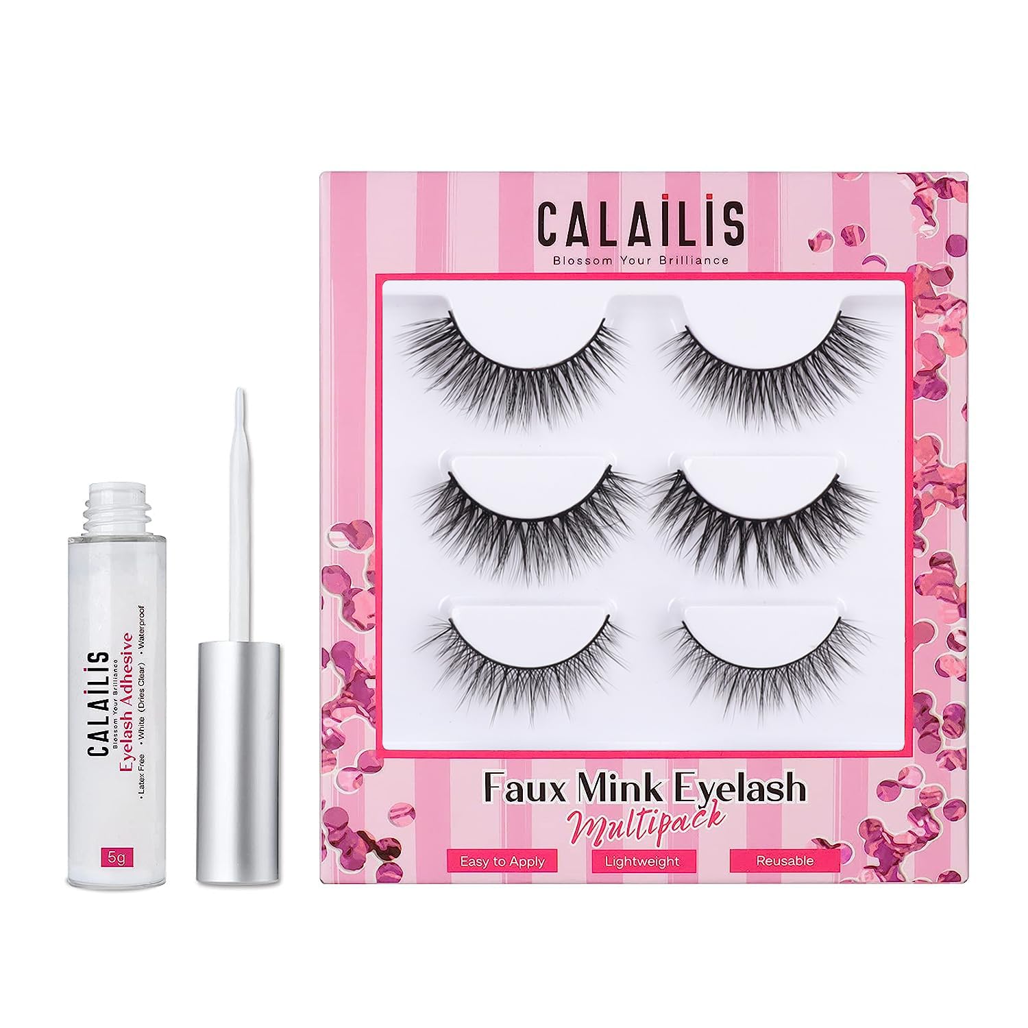 CALAILISFalse Eyelash, Eye Makeup Lash 3D Faux Mink Fake Eyelash Long Natural Eyelashes 3 Pairs with 5g False Eyelash Glue (CS11)