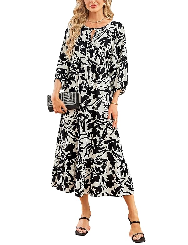 Bluetime Women 3/4 Sleeve Summer Maxi Dress, Black White, XX-Large by Bluetime - Used condition - US$26.50