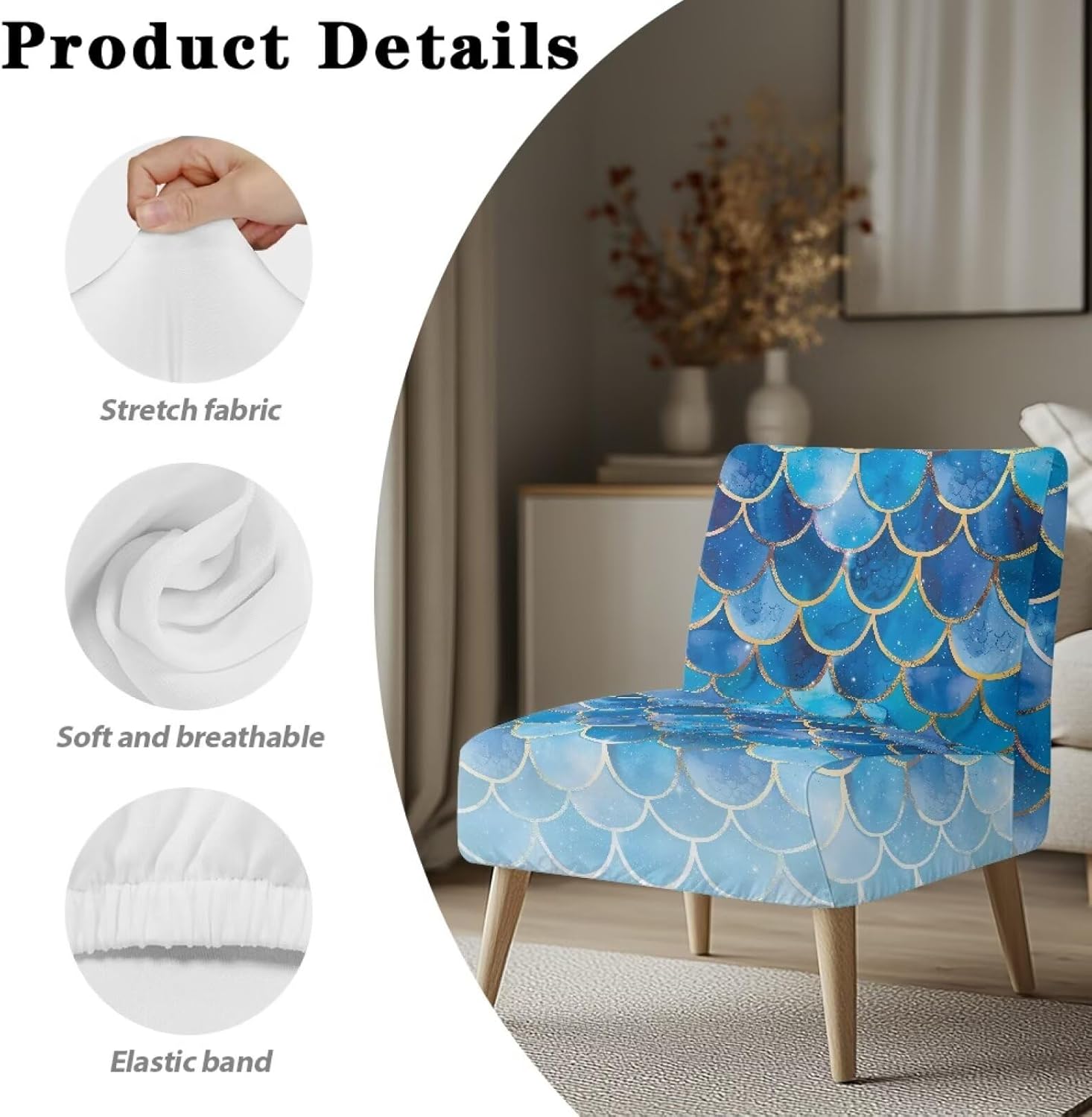ZOUTAIRONG Blue Mermaid Scales Print Accent Chair Cover Without Arms Chair Slipcovers for Living Room Stretch Slipper Chair Covers Removable Chair Seat Protector