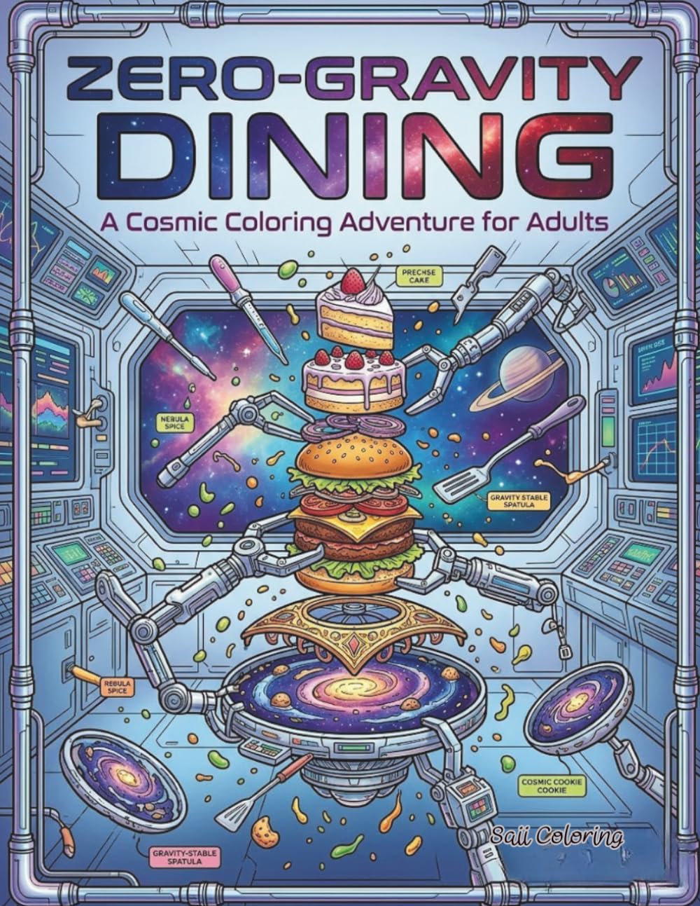 Zero-Gravity Dining: A Cosmic Coloring Adventure for Adults featuring Astronauts, Aliens, and Floating Space Food