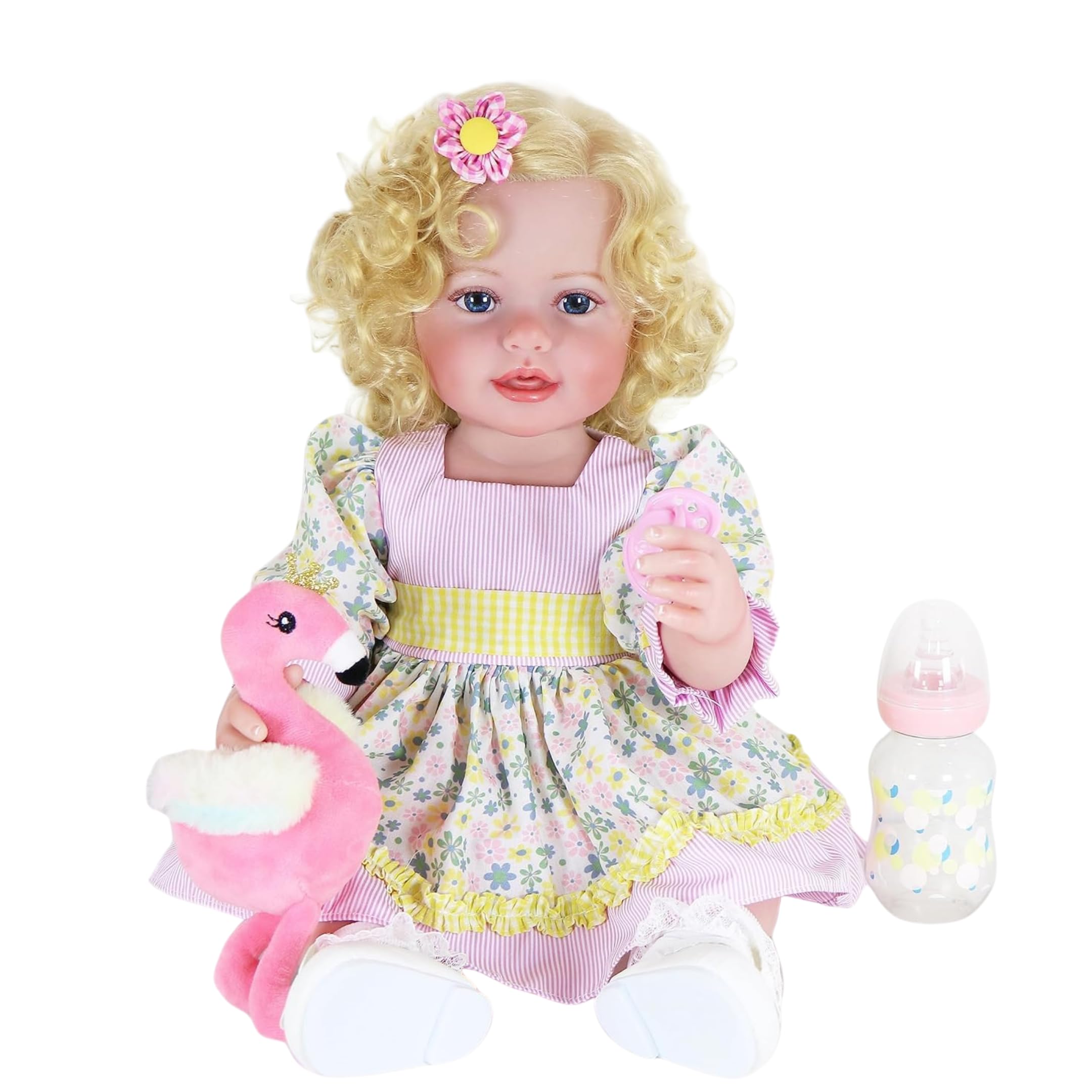 WAWA-HAOKEAI Sunny Flamingo Girl Reborn Toddler Doll – 22” Realistic Vinyl Baby Doll with Hand-Painted Face, Rooted Blonde Curls, 3D Facial Veins,