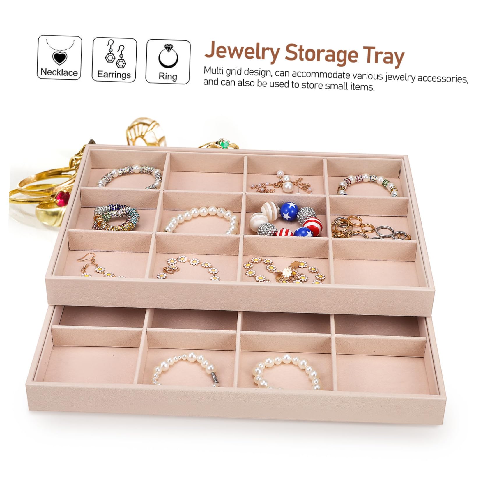 COLLBATH Bandejas para Joyas Terciopelo 12 Compartimentos Organizador de Joyería para Collares y Anillos Uso Personal y Exhibición 2 Unidades Apilables