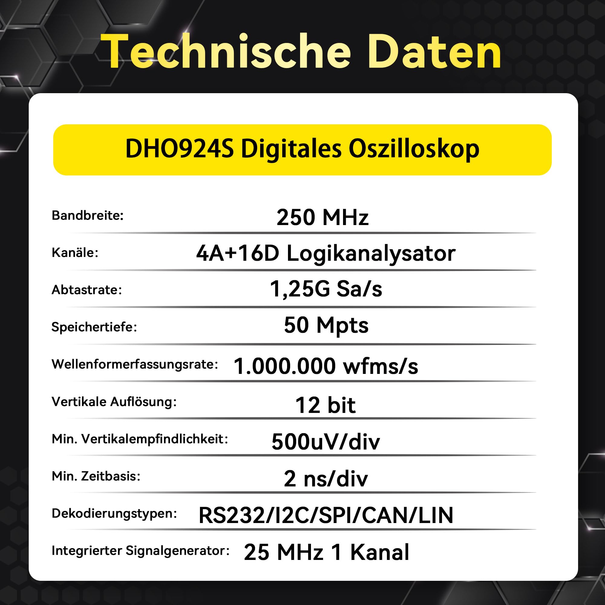 RIGOL Oszilloskop,DHO924S Tragbares digitales Oszilloskop,250MHz Bandbreite,4A+16D Kanäle,12bit vertikale Auflösung,unterstützt die Bode-Plot-Analyse,integrierter 25MHz Signalgenerator
