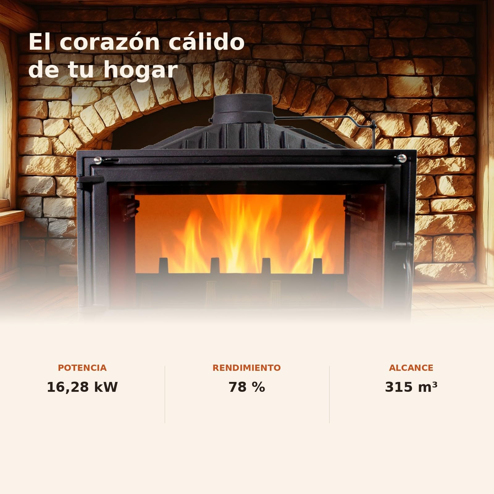 EIDER BIOMASA Hogar de Leña HOGAR 90 2 Caras – Chimenea de Leña de Doble Cara – 16,28 kW – Hierro Fundido – Rendimiento 78% – hasta 315 m³ – Doble Combustión