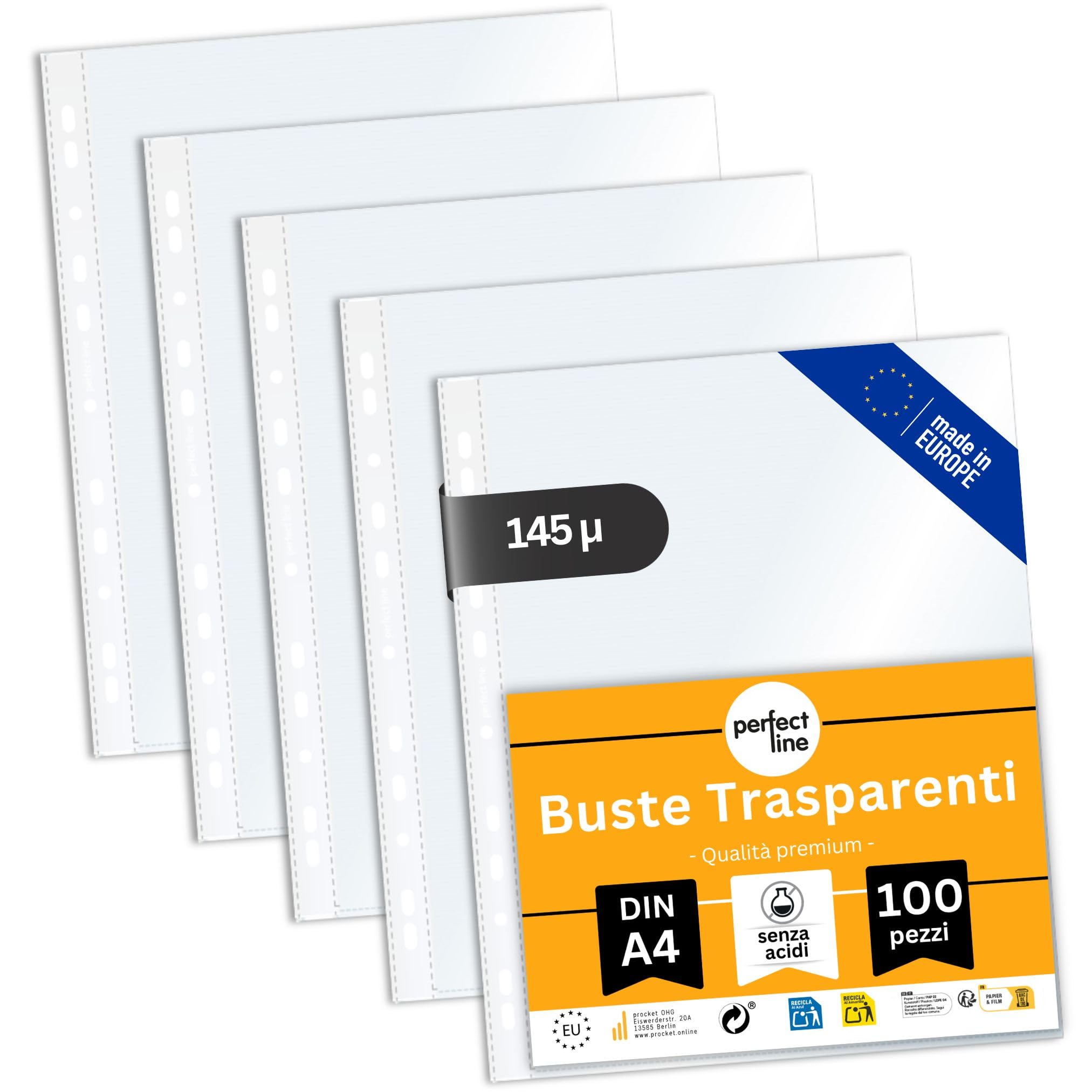 perfect line - 100 buste portadocumenti DIN A4 – extra resistenti, trasparenti, trasparenti – qualità premium per ufficio, scuola, casa – senza acidi
