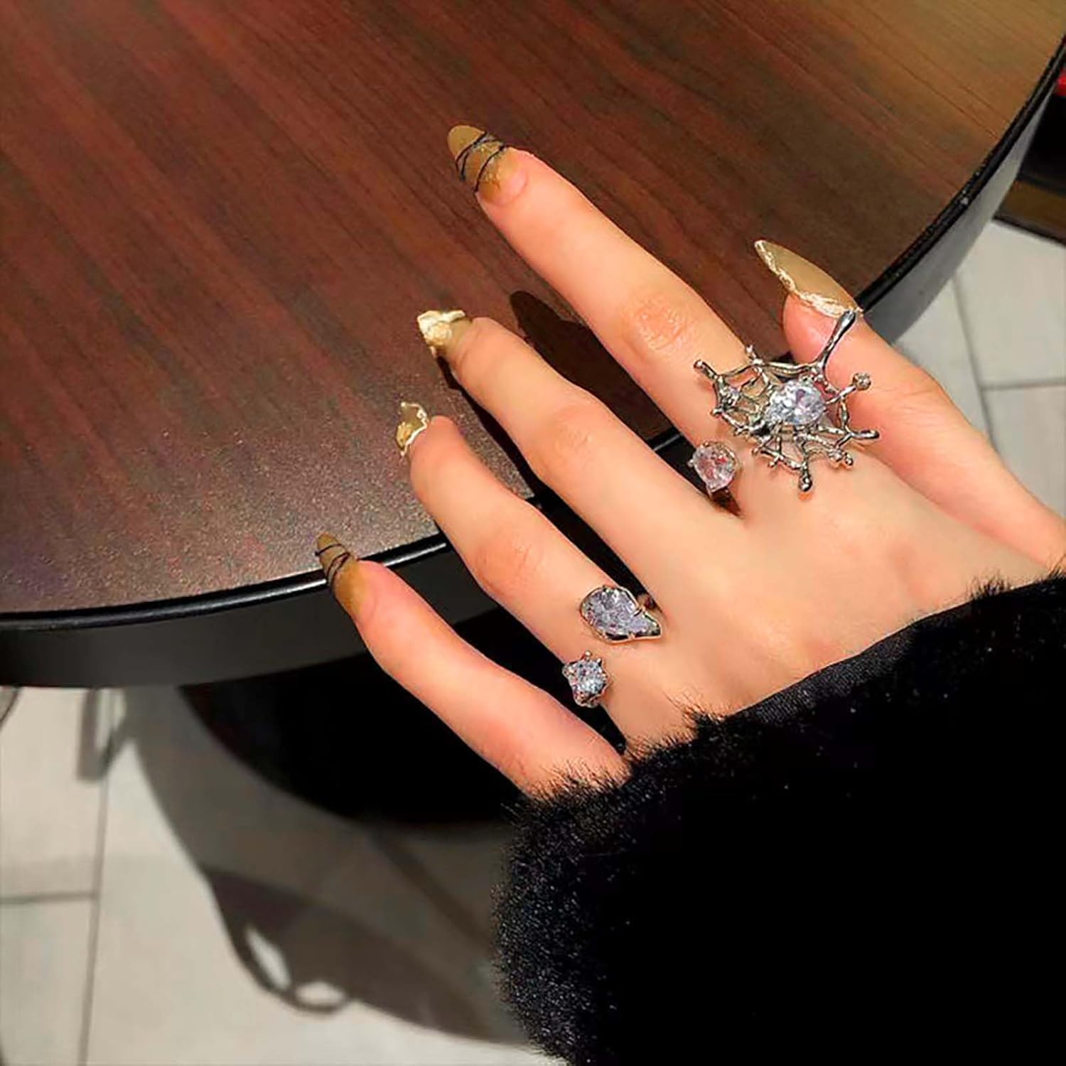 Andelaisi Punk Crystal Spider Web Rings Vintage Spider Web Wrap Open Rings Silver CZ Web Open Knuckle Rings Gothic Adjustable Stacking Rings Jewelry for Women - Image 7