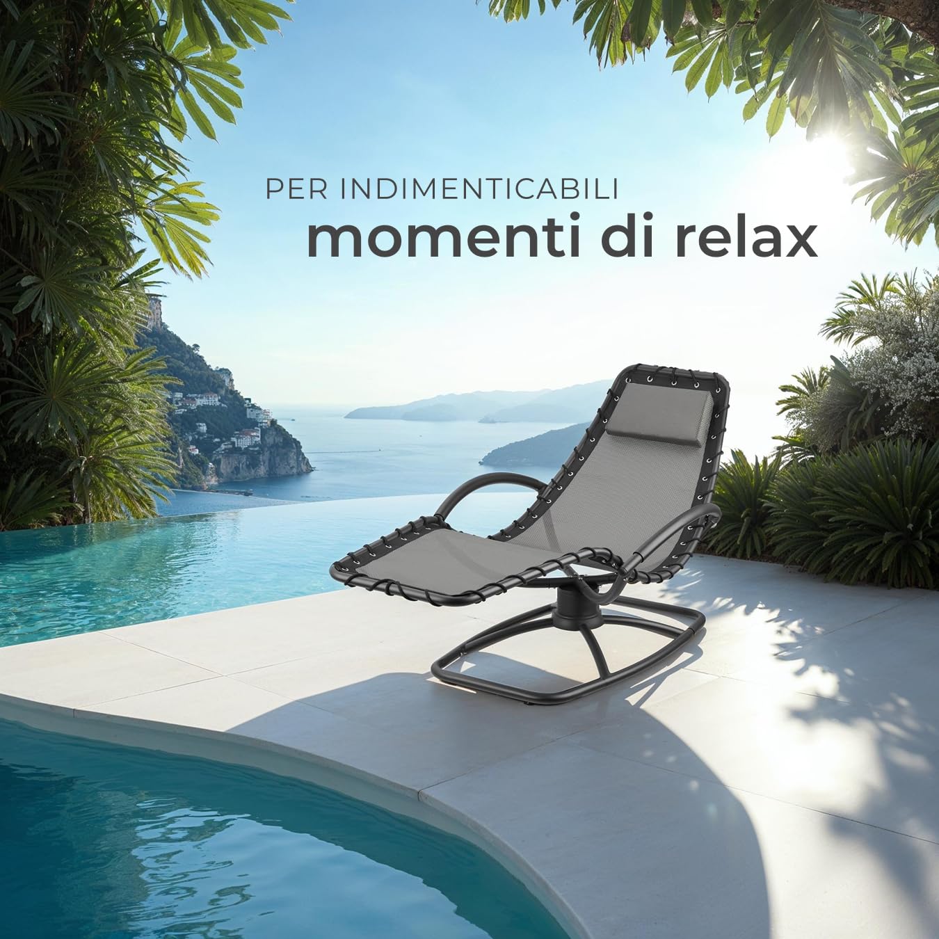 tectake® lettino prendisole ergonomico da giardino, sedia a sdraio reclinabile, poltrona a dondolo da esterno, lettino relax con poggiatesta, textilene traspirante, terrazzo, balcone - Grigio