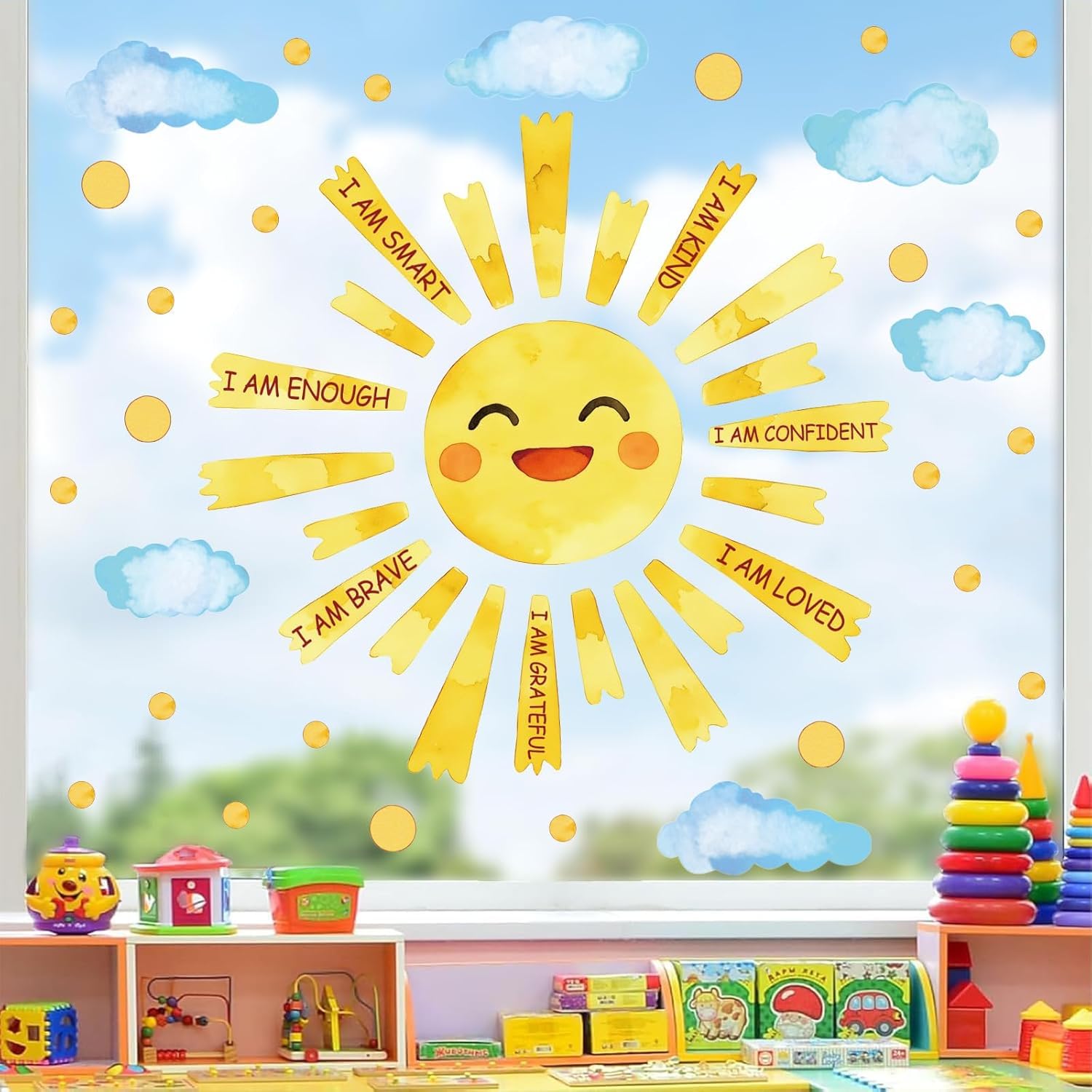 ANHUIB Inspirational Quote Wall Sticker Sun Wall Decal Polka Dots Window Clings for Kids Living Room Sun Cloud Stickers Decor Motivational Quotes Wall Art Decal for Bedroom Nursery Kids Room Toddler - Image 2