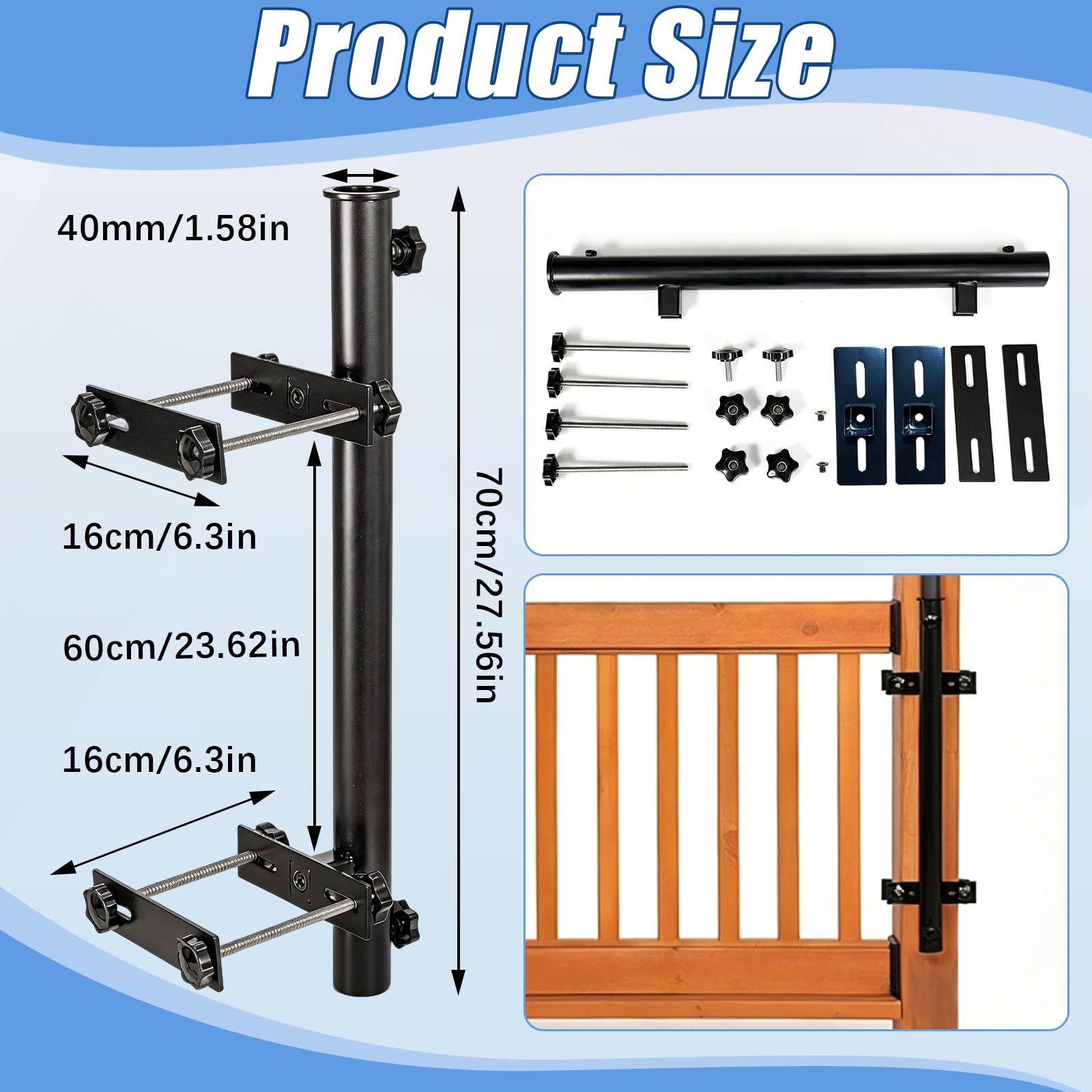 Supporto per Ombrellone, 70cm Porta Ombrellone per Balconi E Terrazze Morsetto Resistente E Regolabile per Ringhiere Completo di Morsetti E Viti per Pali di Ombrellone da 40mm di Diametro