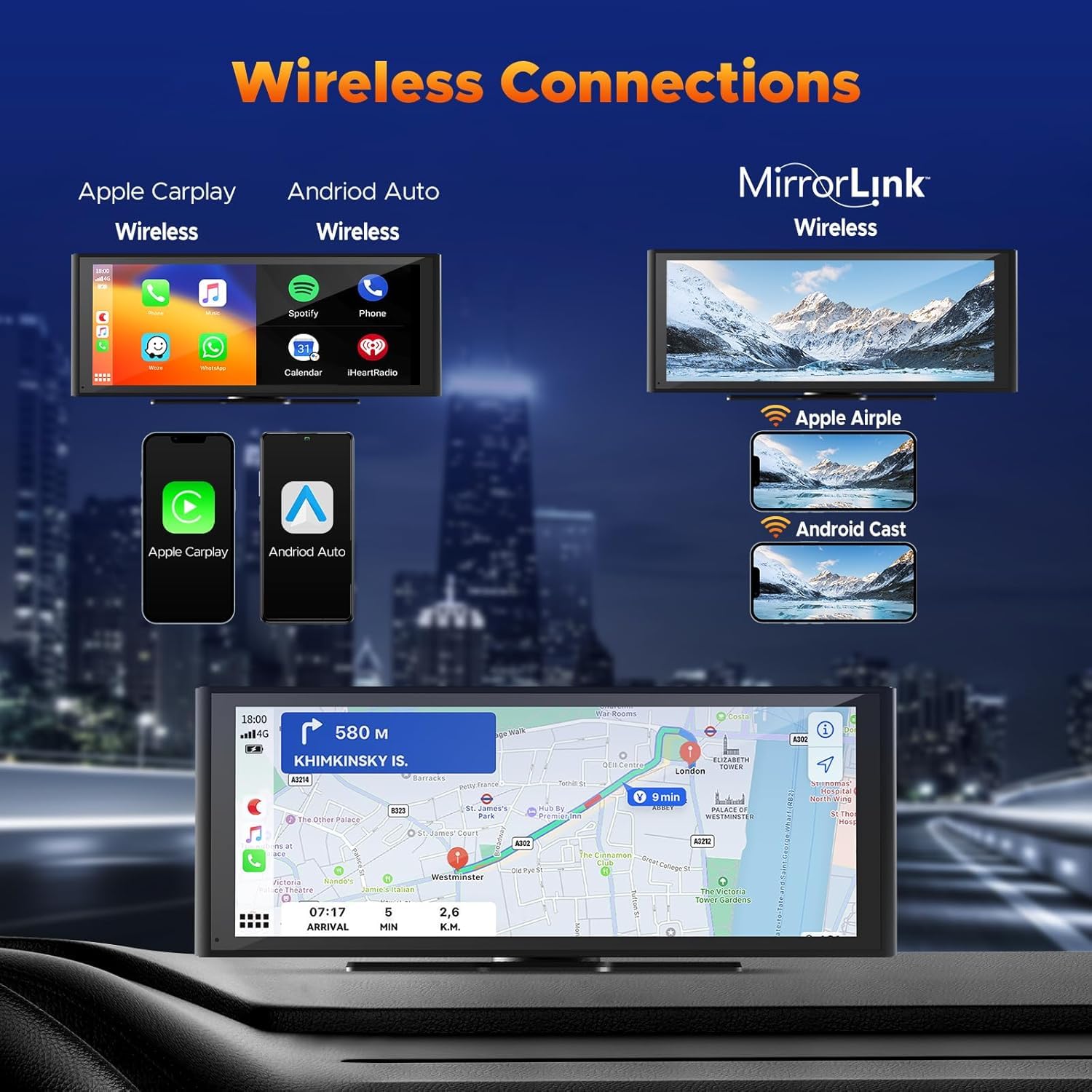 Volam 9.26 Zoll Tragbares Autoradio Carplay Display mit 4K Dashcam Auto Vorne Hinten,1080P Rückfahrkamera, Wireless A-pple CarPlay Android Auto, Mirror Link, GPS, G00gle,Siri, FM,AUX, 64G SD-Karte