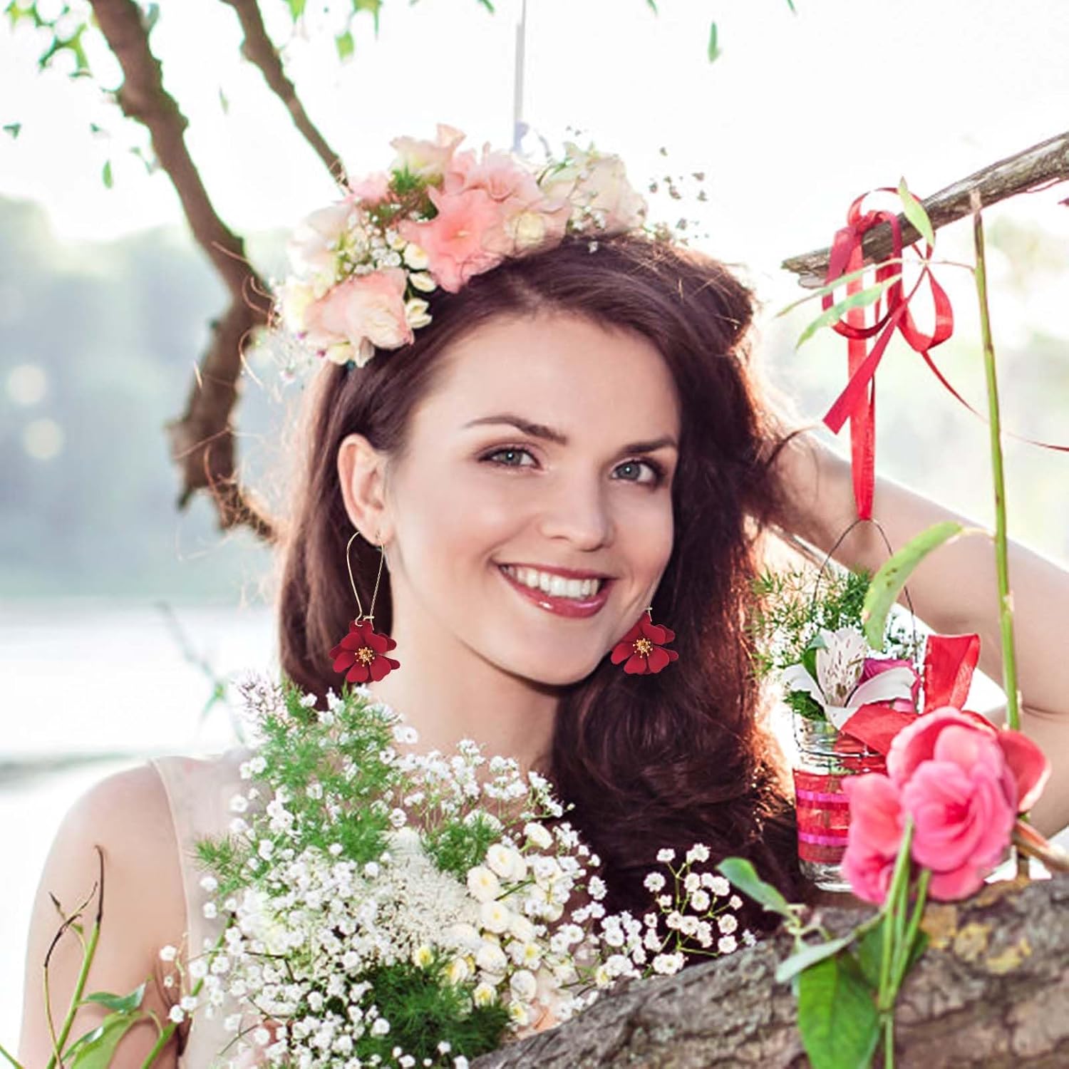 Flower Dangle Earrings, Floral Petal Drop Dangle Earrings Daisy Fairy Earrings for Women Chic Boho Wedding Jewelry for Christmas Valentines Day Graduation Engagement (Red) - Image 7