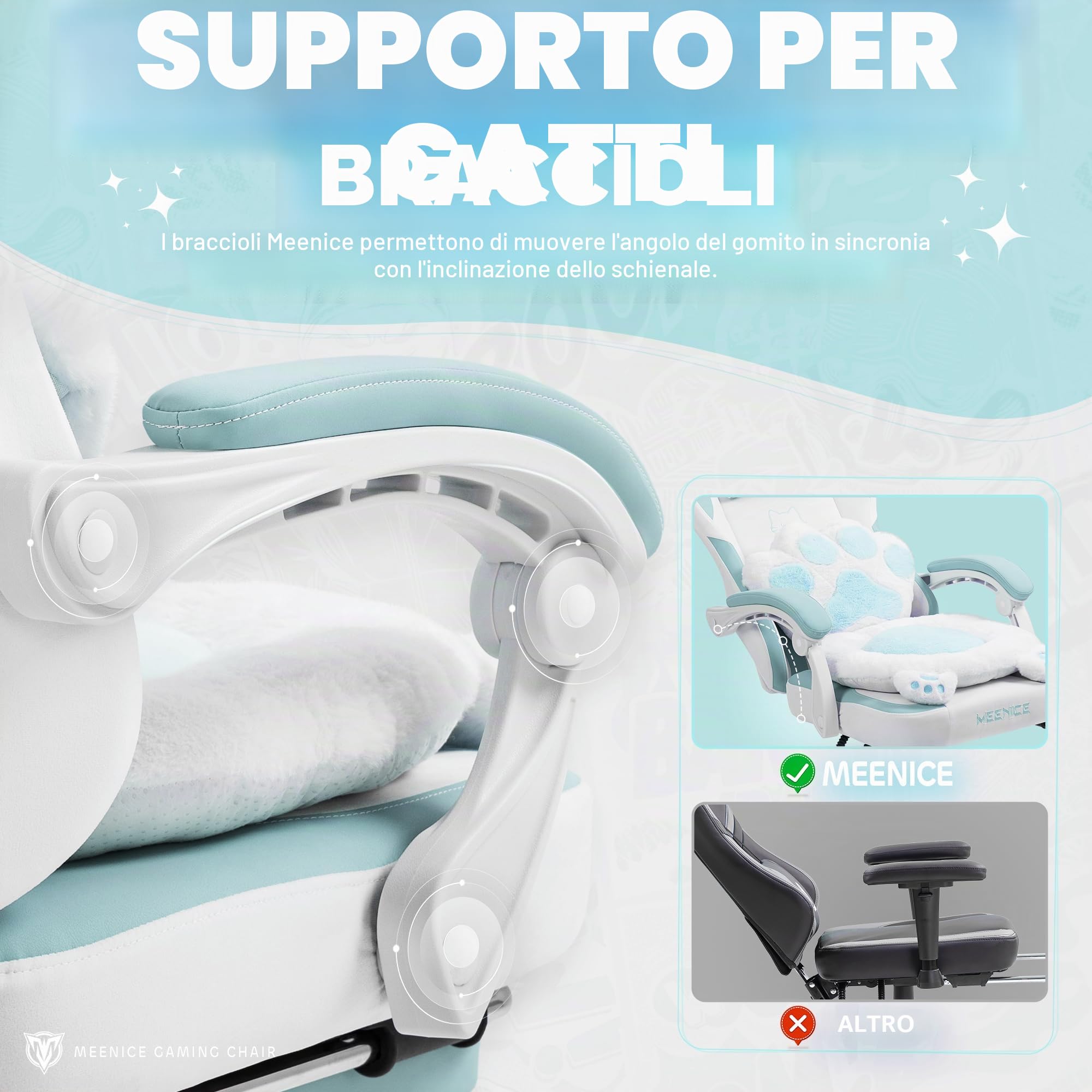 Gatto Sedia Gaming con Poggiapiedi, Cuscino Lombare e Orecchie di Gatto, Sedia da Gaming Ergonomica in Velluto, con Poggiapiedi, per Donne, Adulti e Adolescenti, Blu e Bianco