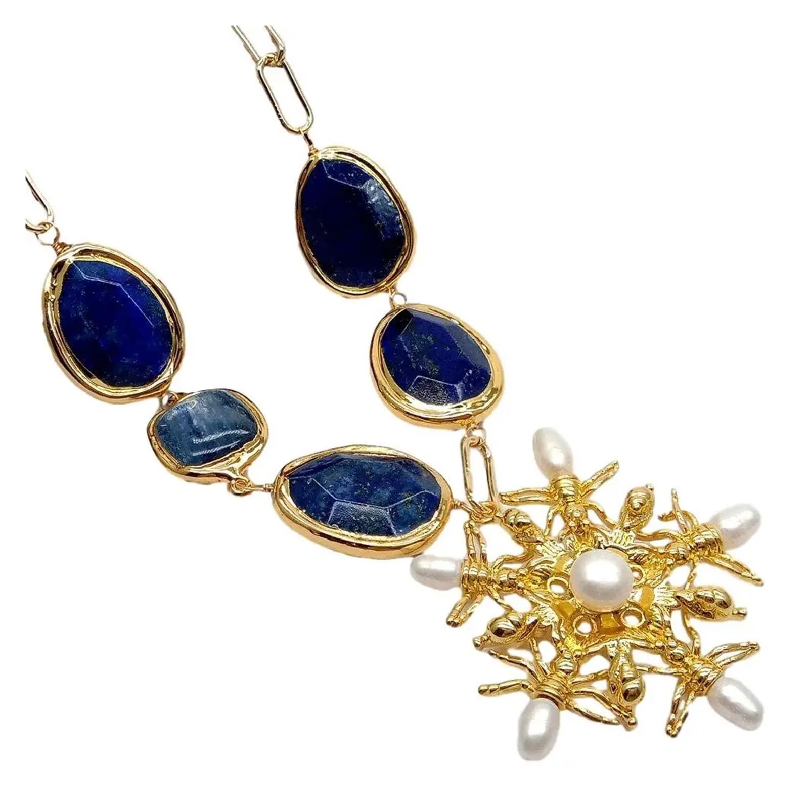 White Pearl animal charm Pendant 21" for women Blue Lapis Kyanite Gold color Plated Edge Chain Necklace