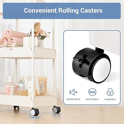 Miniatura 4 de TOOLF Carrito de almacenamiento con ruedas de 3 niveles, carrito de utilidad con ruedas, carrito de manualidades rodante, carrito rodante blanco