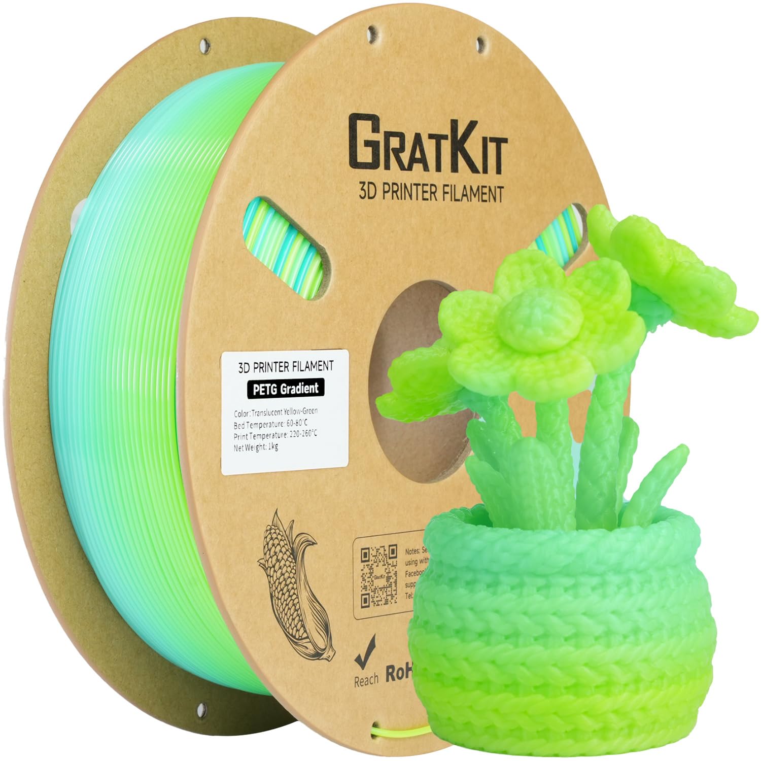 GratKit Gradient PETG Filament, 1.75mm, 1kg, Translucent Yellow Green