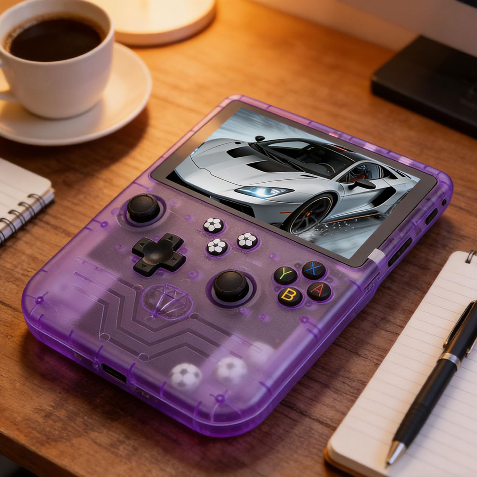 Gonetre Console di Gioco Portatile, Schermo HD da 6,0 Pollici Console di Gioco retrò da 6000 MAh con Doppi Joystick RGB, Supporta Oltre 30 Emulatori per Giochi Portatili (Viola traslucido)