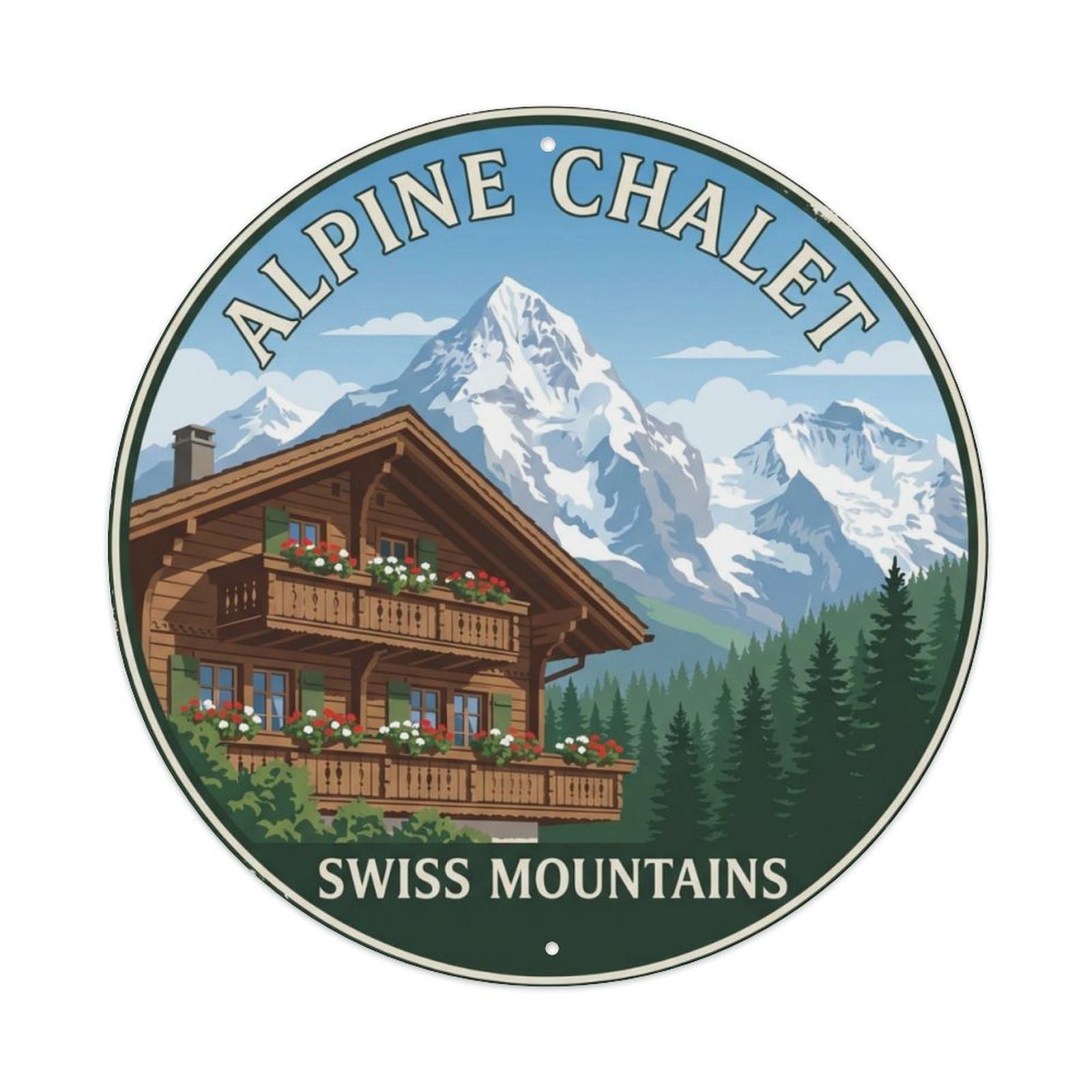 Vintage Travel Swiss Alpine Chalet Metal Tin Sign Plaque Wall Decor for Cafe, Club Bar, Office, Home Garden Round Metal Poster 8x8Inch