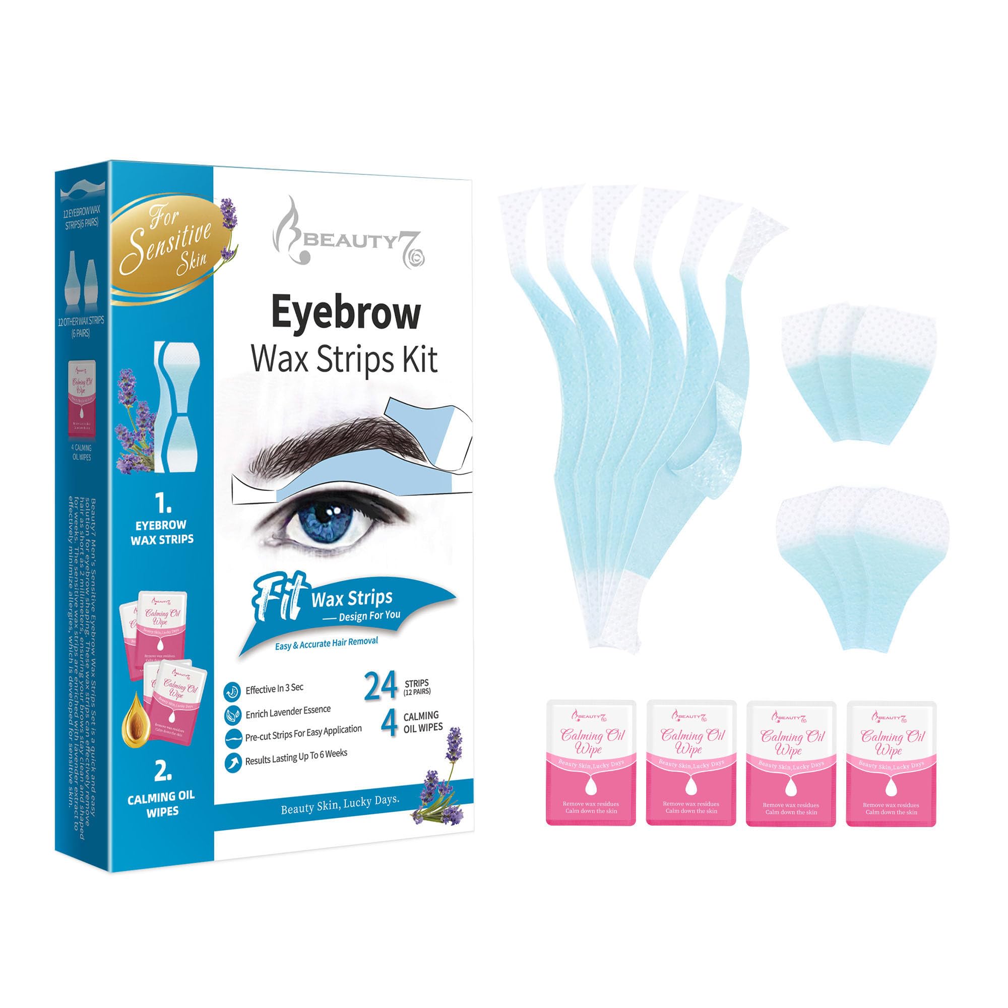 Beauty7 Sensitive Eyebrow Wax Strips, Facial Hair Removal for Men, Eyebrow Waxing Strips, 24 Strip 4 Calming Oil Wipes, Home Waxing for Men