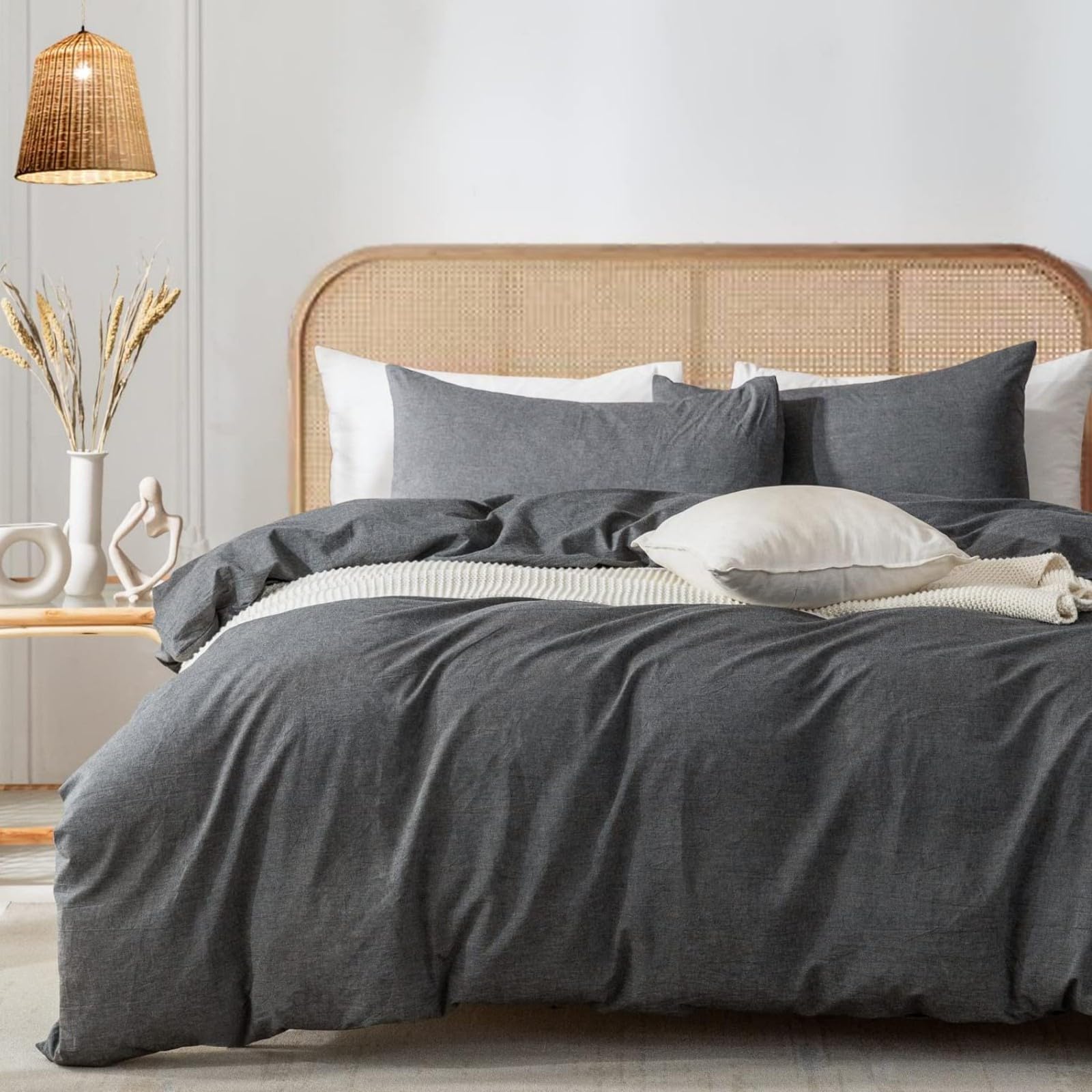 Freyamy - Funda nórdica de algodón, 220 x 240 cm, color gris oscuro, juego de funda nórdica para 2 personas, juego de funda reversible, edredón de ropa de cama