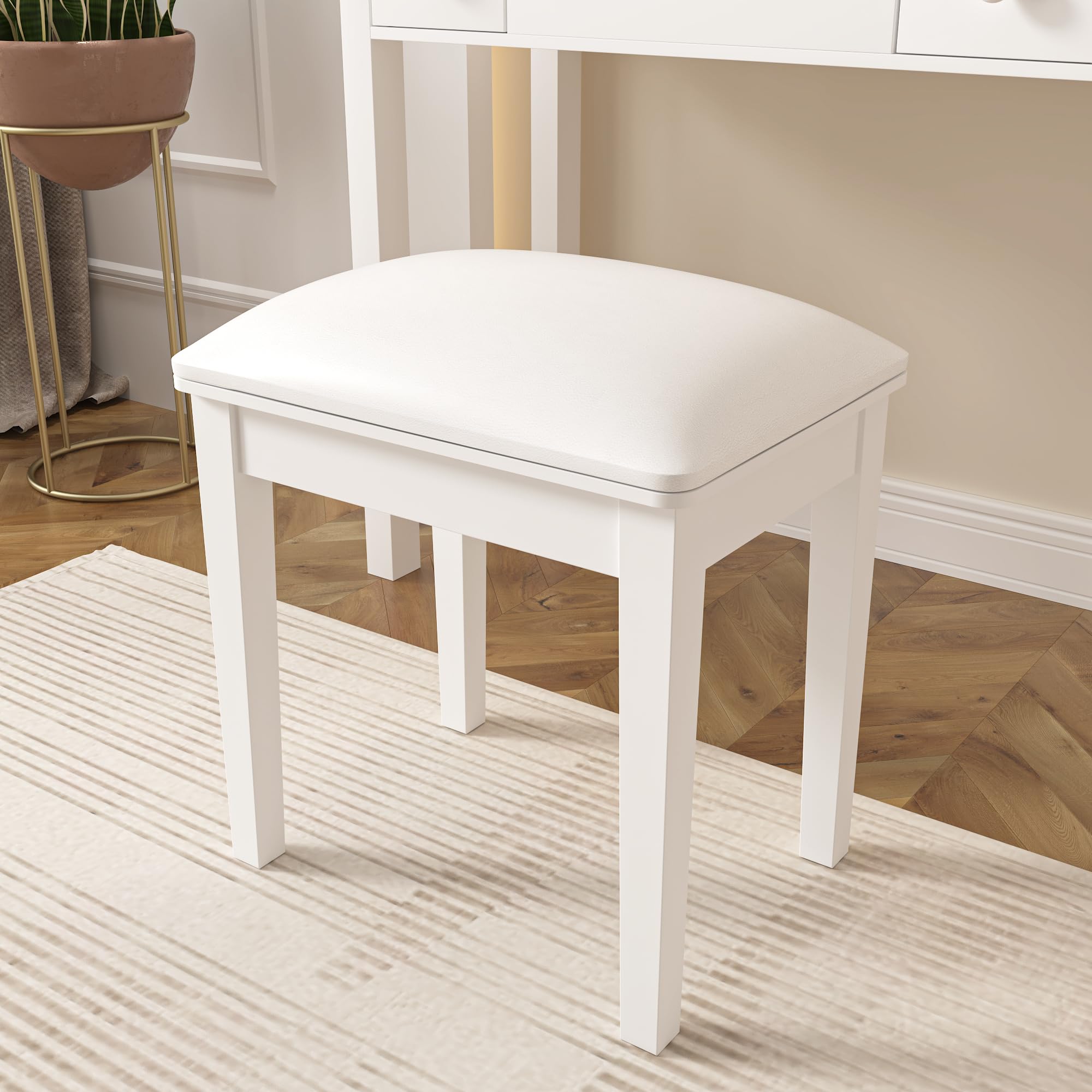 Tabouret de coiffeuse en bois rembourré en polyuréthane - Banc de maquillage pour piano - Blanc (1, pied droit)