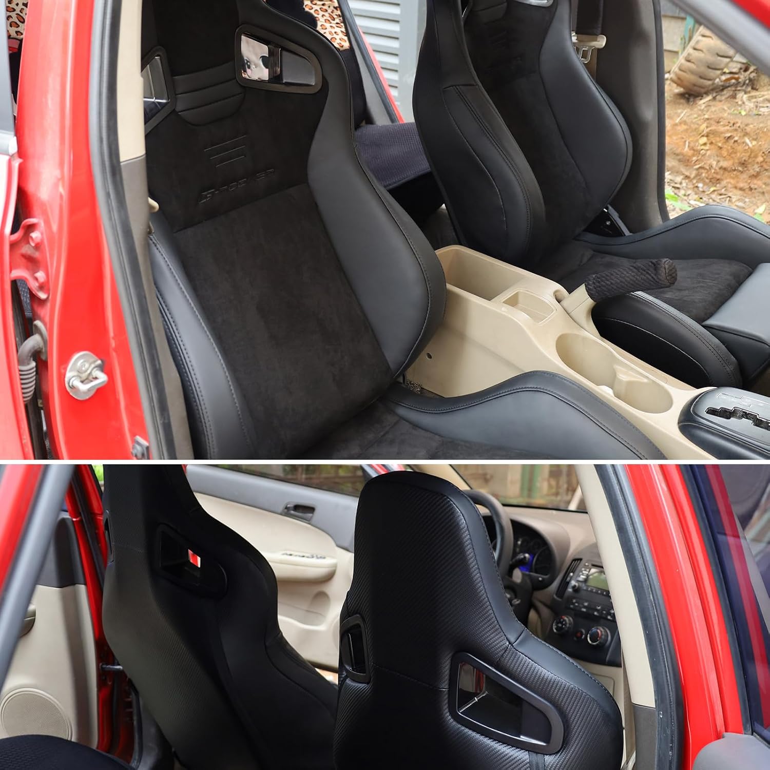 IKON MOTORSPORTS, Universal Racing Seats with Dual Sliders, Reclinable Perforated Black PU Leather & Suede Front Carbon Leather back Sport Bucket Seats, 1 Pair Driver + Passenger Side