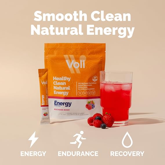 Voli Energy Drink Mix Packets | 100mg Green Tea Caffeine + Electrolytes | No Jitters, No Crash, No Added Sugar | Sustained Clean Energy & Mental Focus | Beachside Berry, 15 Count