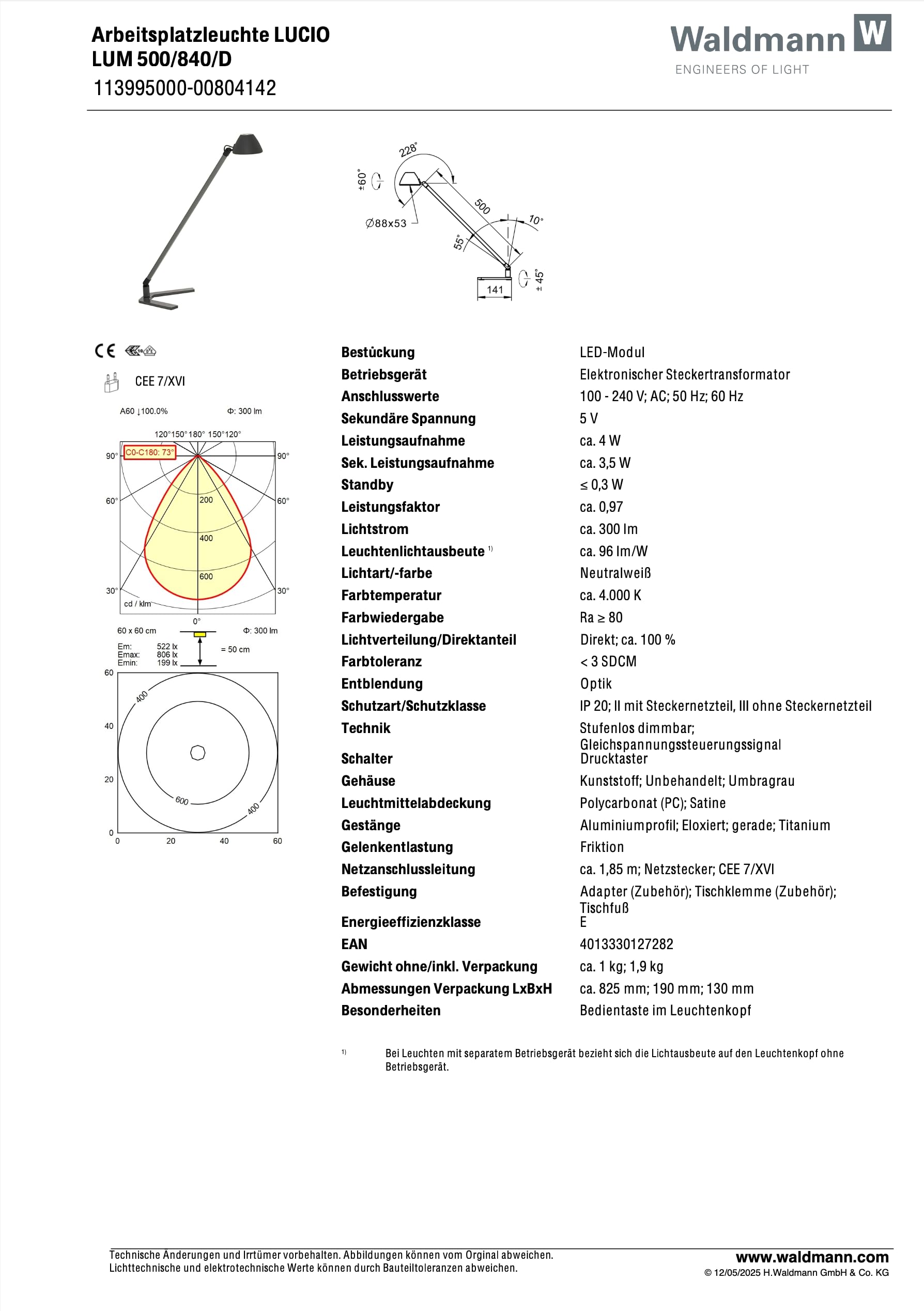 Waldmann Schreibtischlampe | LUCIO HOME | LED Tischlampe in Profi-Qualität für Homeoffice, Büro, Schreibtisch & Lernen | 4000 K (LUCIO)