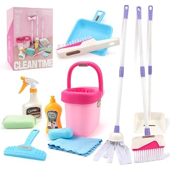 Coolplay Children's Broom Set Shovel and Broom Set 12 Pieces Children's Cleaning Set Children's Broom Set from 2 Years Pink Girls Toy from 3 Years