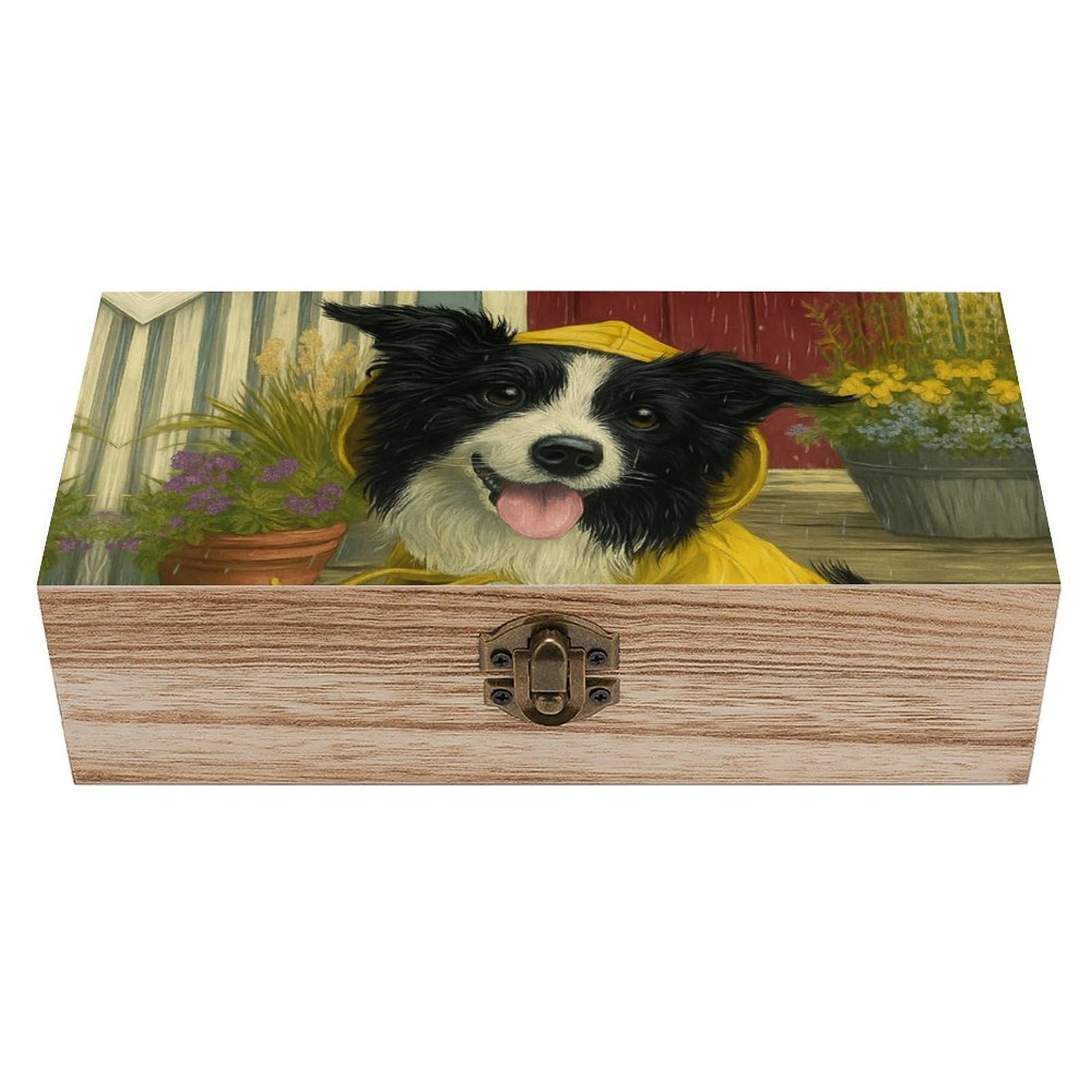 SMAZDFXX Cute Border Collie Wearing Yellow Raincoat Wooden Storage Box Multipurpose Decorative Box for Jewelry Photo Home Decor