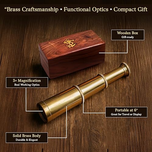 Miniatura 3 de Captains - Mini telescopio de mano de latón de 6 pulgadas con caja de madera coleccionables náuticos