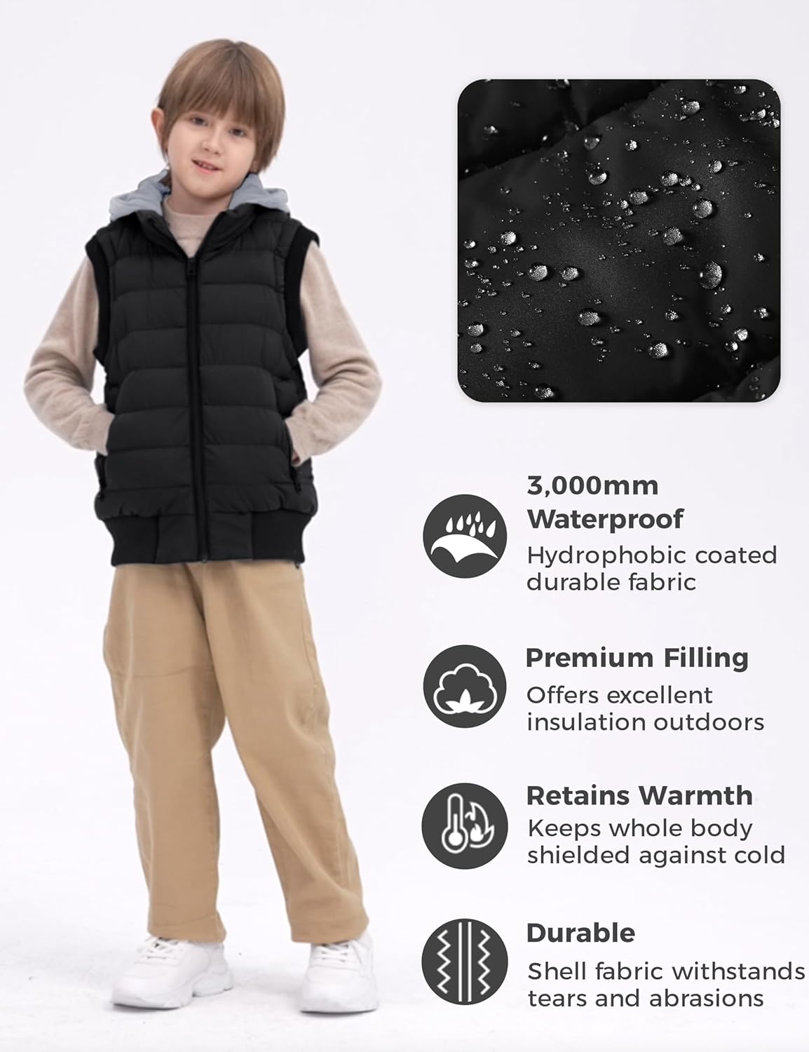 wantdo Boy's Puffer Vest Waterproof Winter Coat Fleece Vest Sleeveless Jacket - Image 2