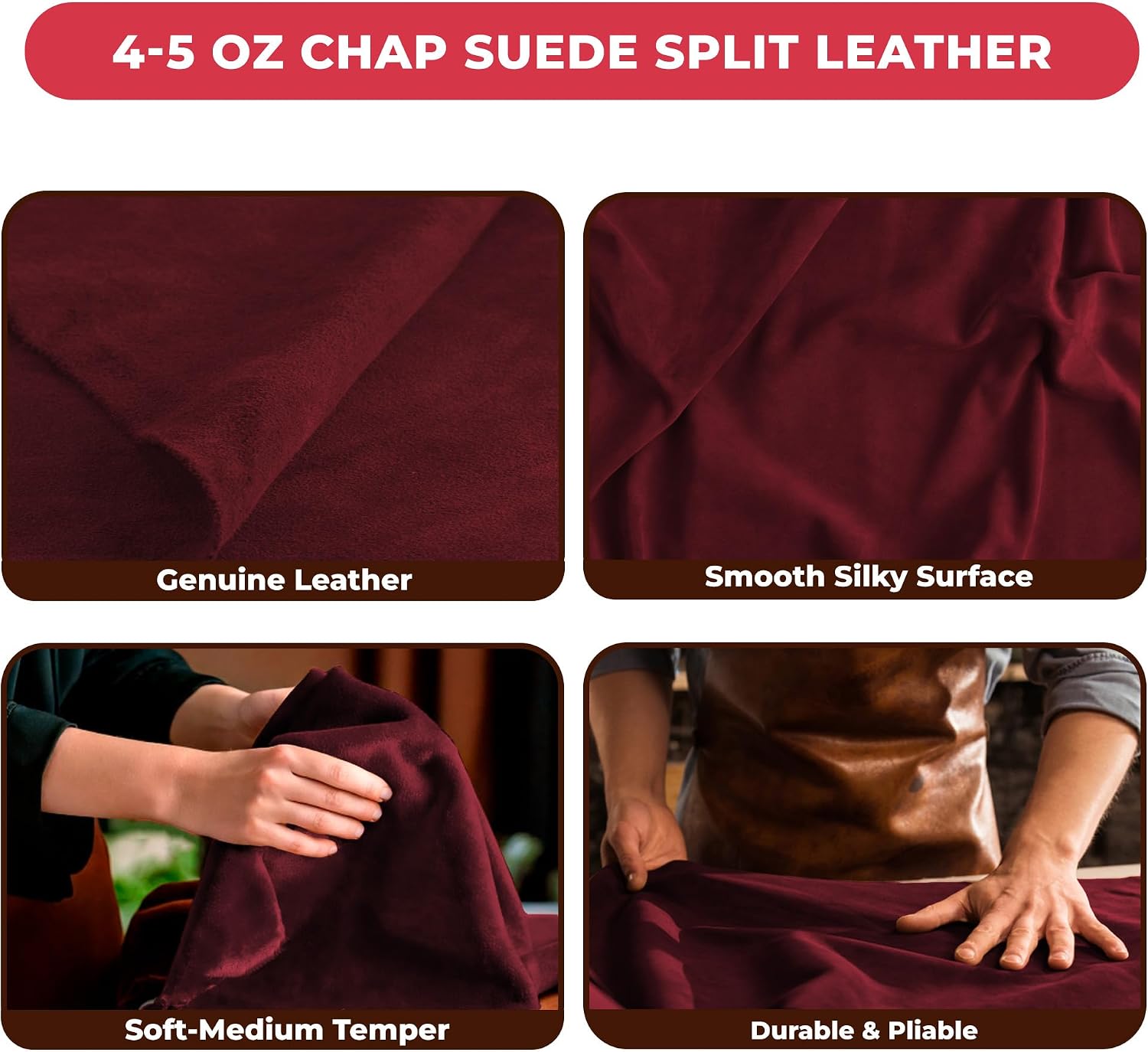 ELW Chap Splits Suede Leather 4-5 oz (1.6-2mm) - Pre-Cut Burgundy 1-3 SQ FT | USA Made AB Grade Full Grain Leather Sheet, Soft Leather Hide for DIY, Craft, Car Upholstery, Garments, Furniture