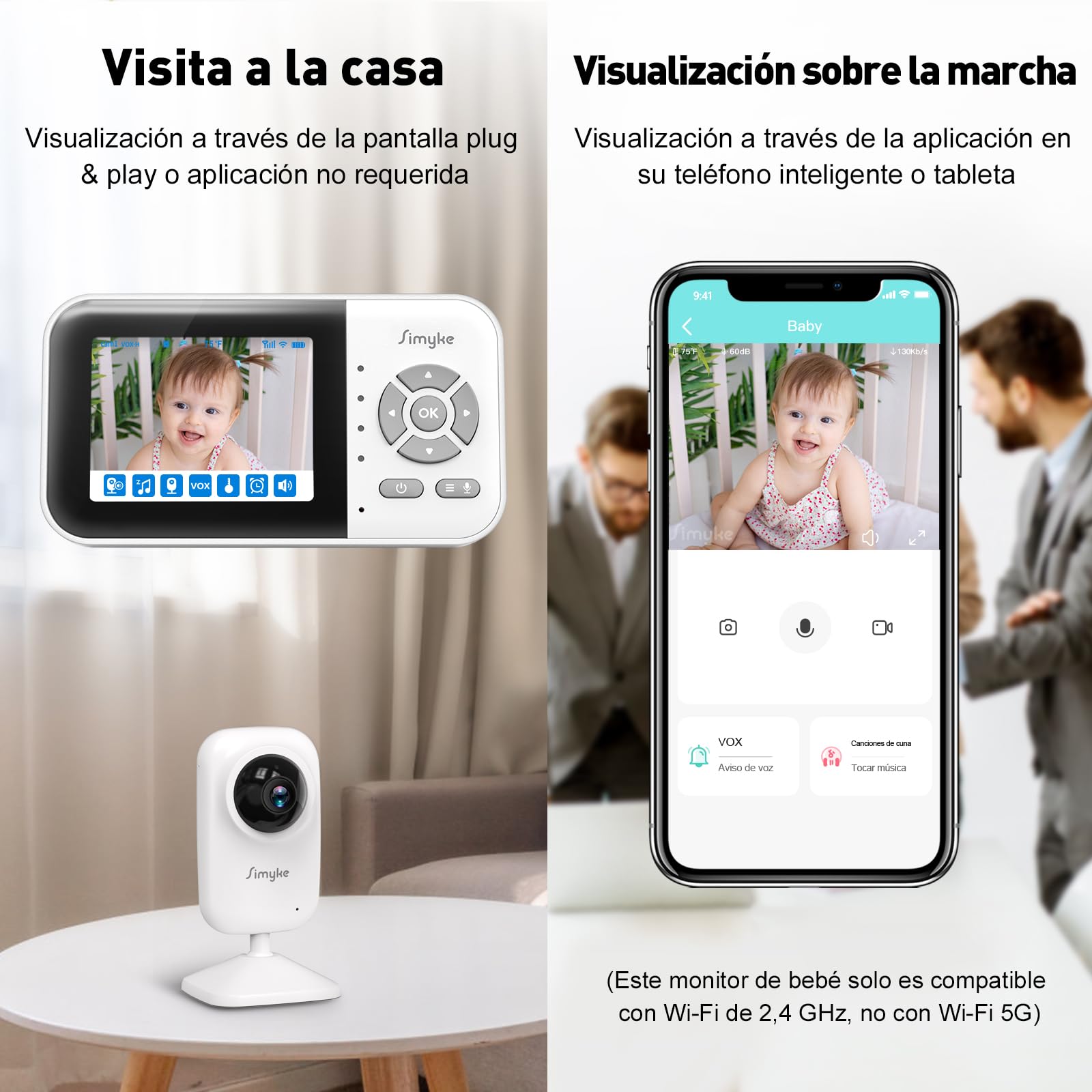 Simyke Monitor de Vídeo Mejorado para Bebé con 2 Cámaras y Audio Pantalla de 2,8'', Conversación de 2 Vías, Alcance de 1200 pies, Reloj de Alimentación, Detección de Temperatura, Cámara Inalámbrica