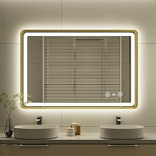 24x36 Inch Gold Framed LED Bathroom Mirror, Smart Bathroom Mirror with M...
