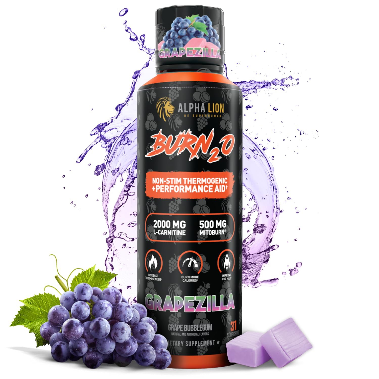 ALPHA LION Burn2O L-Carnitina Líquida 2000 mg – Quemador de Grasa Supertermogénico sin Estimulantes con MitoBurn® y CaloriBurn GP®, Potenciador del Metabolismo, Cero Calorías, Sin Azúcar (31 Porciones, Sabor Grapezilla)