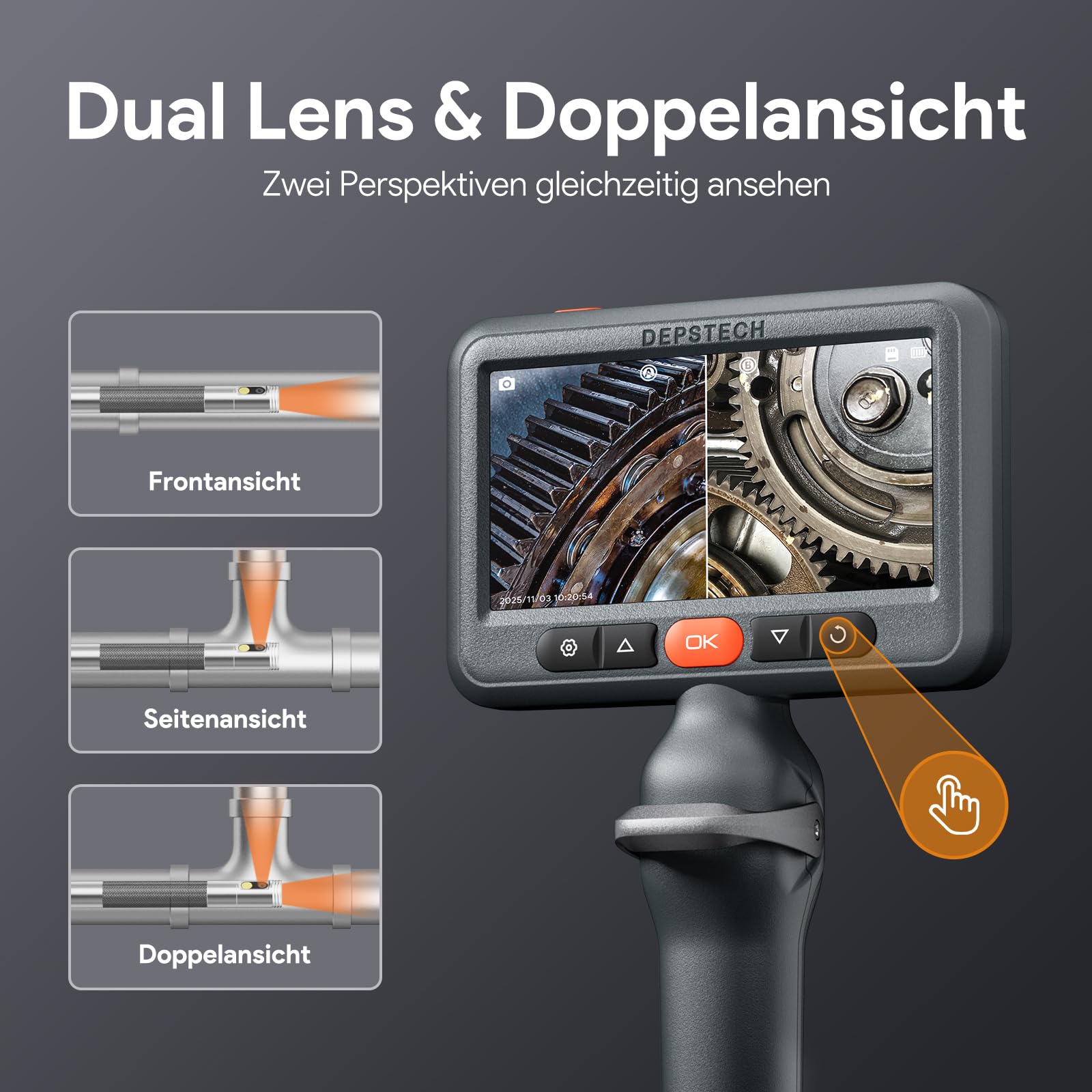 DEPSTECH Dual Lens Endoskopkamera mit Licht, 1080P Drehbar Endoskop, 5 Zoll IPS-Bildschirm Inspektionskamera beweglicher Kopf, Rohrkamera mit 6+1 LEDs, 32G Karte und Tragetasche-1.5M