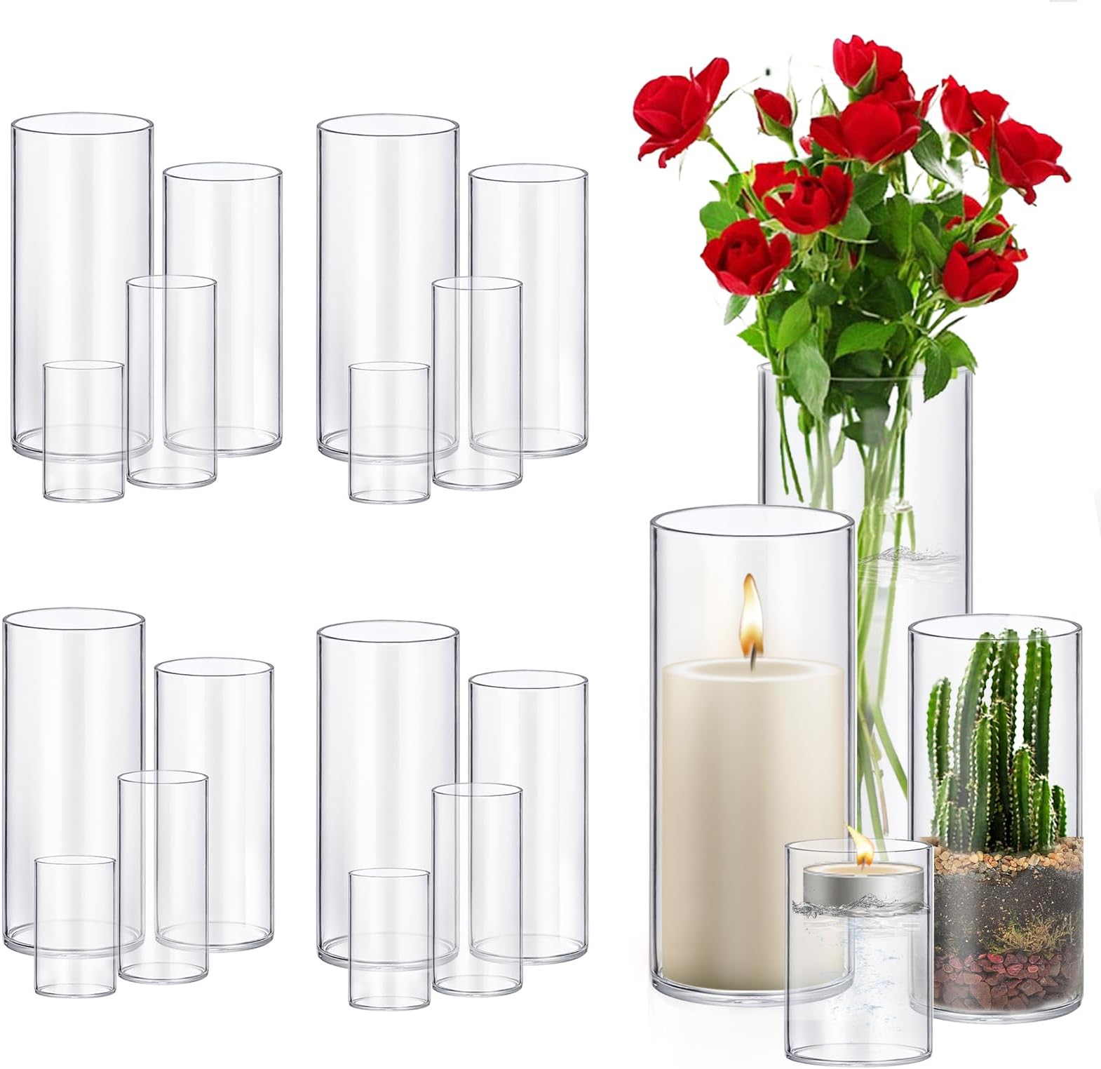 16 Pack Glass Cylinder Vases 4,6,8,10 Inch Tall Clear Flower Vase Hurricane F...