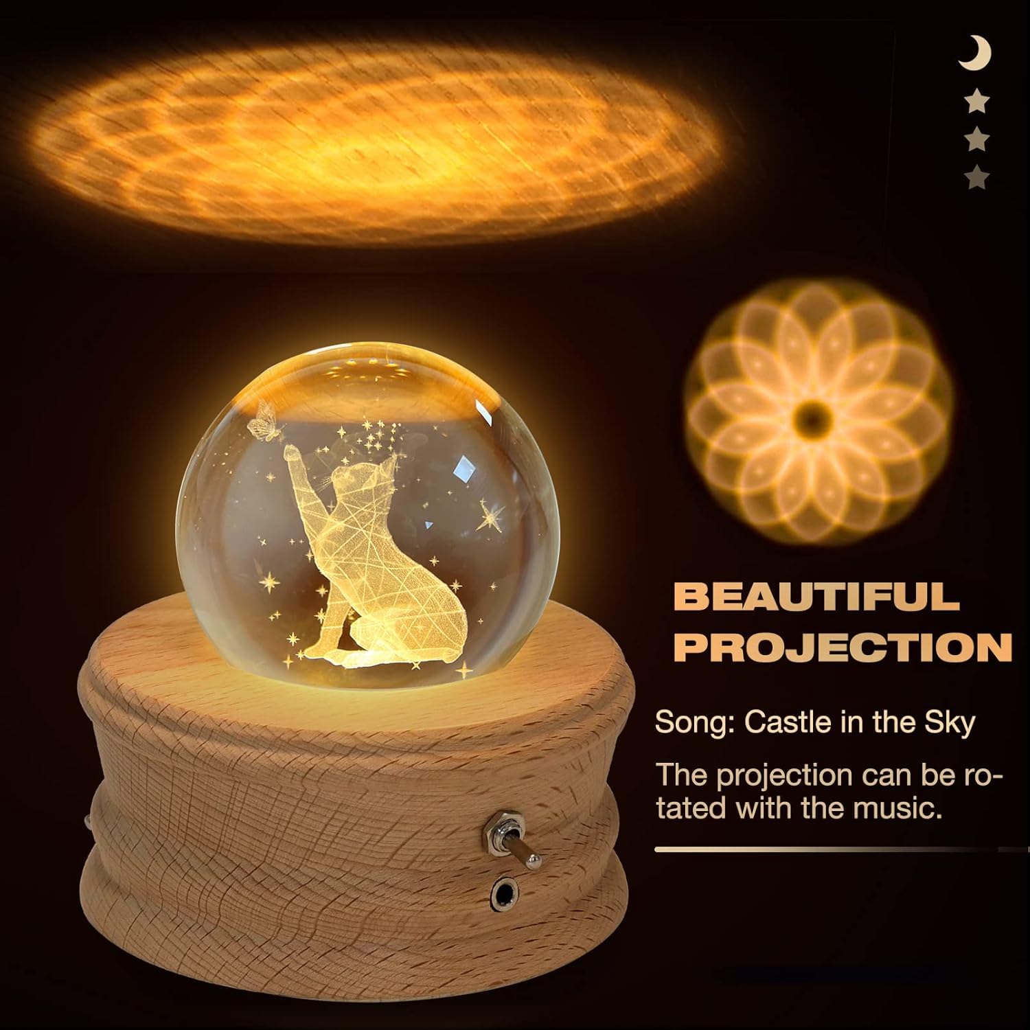 Spieluhr für Erwachsene, 3D Kristallkugel Spieluhr, 360° Leuchtende Drehbare Spieluhr mit Lichtprojektion und Holzsockel, Geeignet für Kinder, Ehefrauen, Mütter, Kreative Dekoration Geschenke
