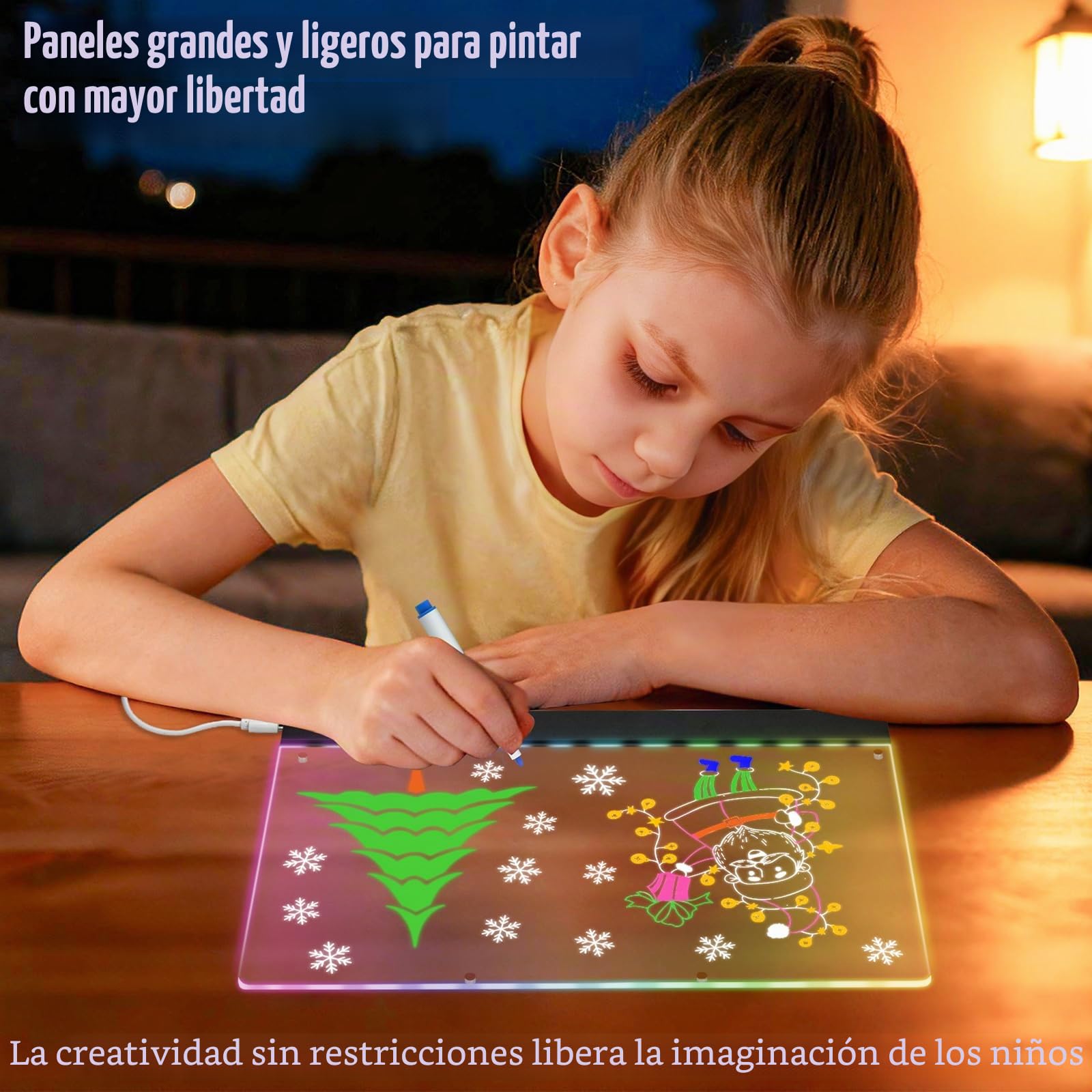 Pizarra LED Acrílica Borrable 32x21cm con 7 Bolígrafos Neón Tablero de Notas LED Iluminado con Soporte de Metal Regalo Creativo para Casa Oficina Niños
