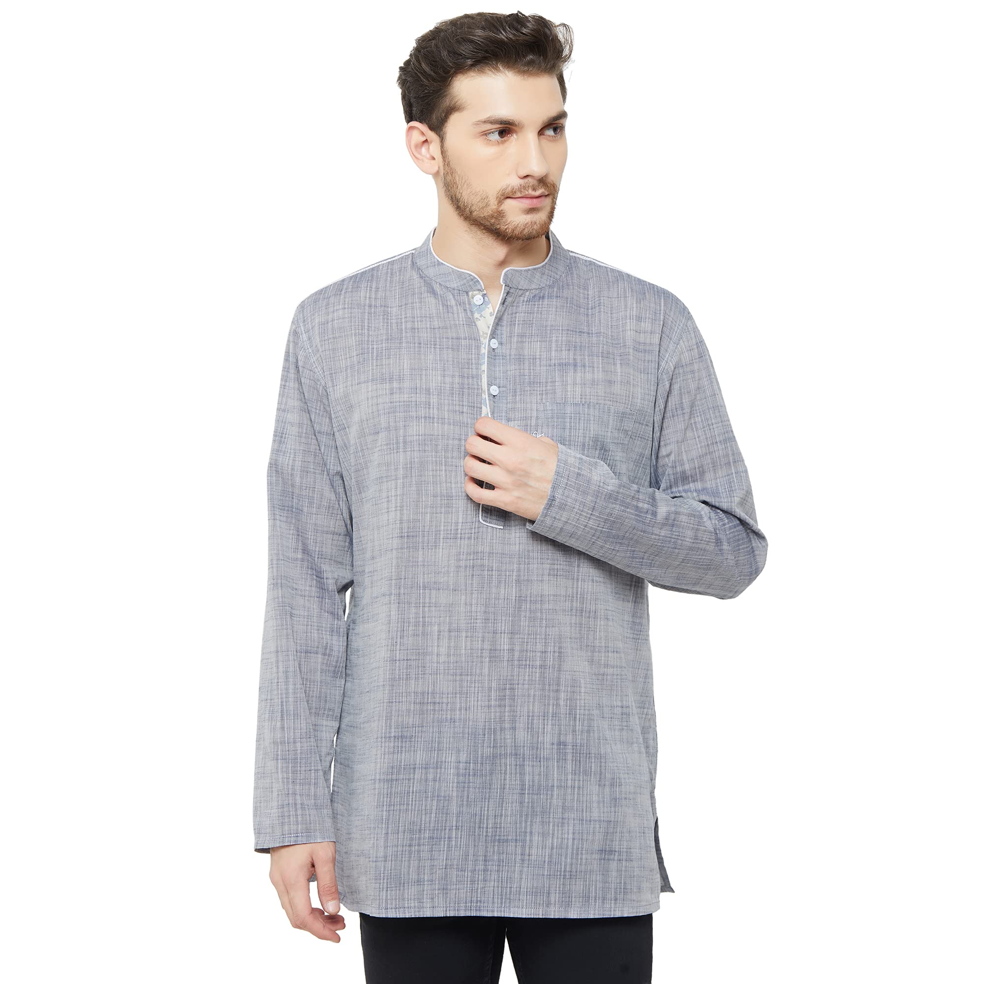 Men’s Cotton Grey Full Sleeve Slub Textured Kurta | Regular Fit with Embroidered Pocket | Mandarin Collar Button Closure | Hip Length-image-5