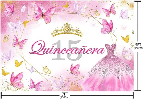 Miniatura 5 de AIBIIN Telón de fondo de quinceañera de 15 cumpleaños de 7 x 5 pies para niñas dulces, rosa intenso, mariposa, fondo de 15 cumpleaños, fotografía,
