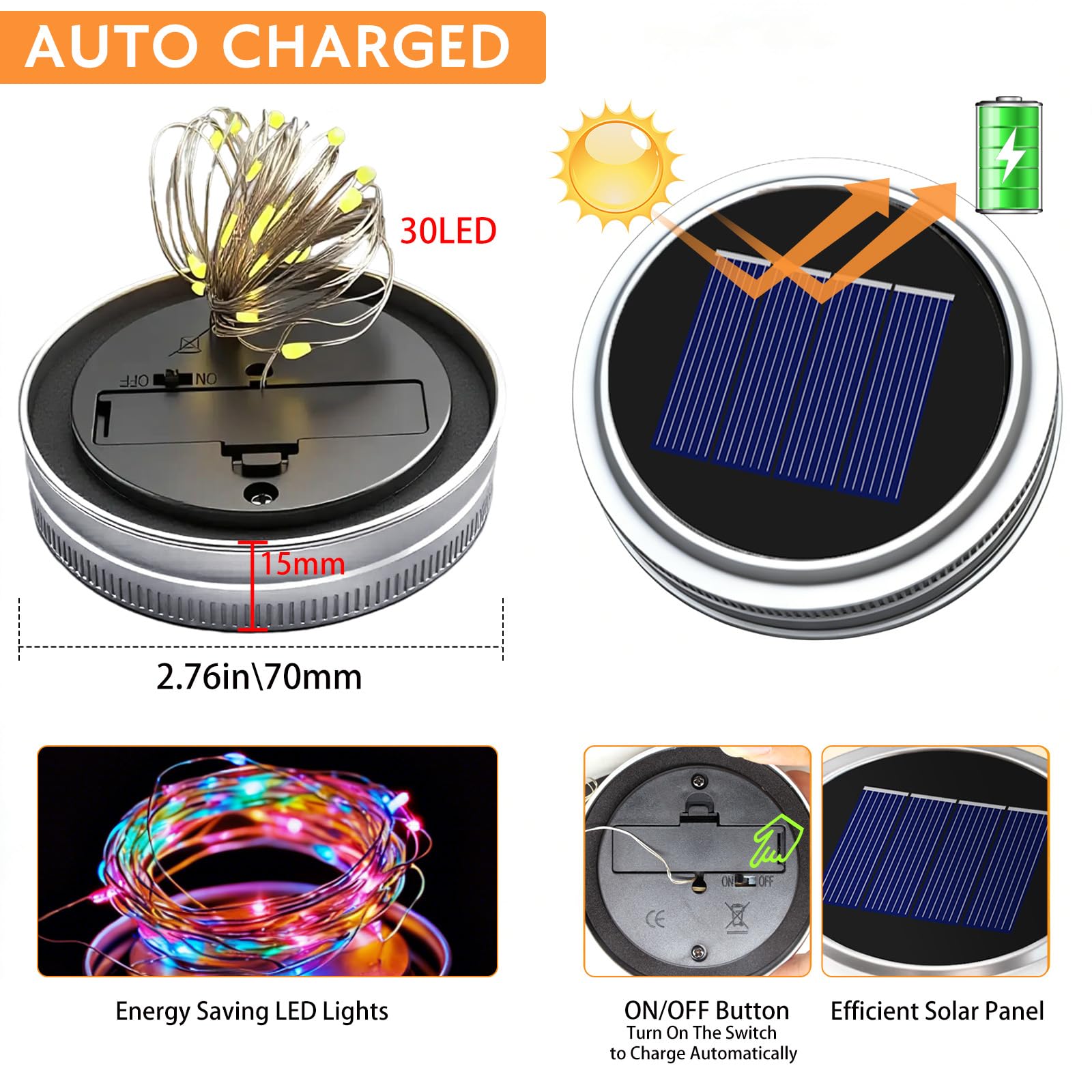 VOOKRY Lot de 12 guirlandes lumineuses solaires pour bocaux Mason - 30 LED - Étanche - Avec 12 crochets (sans bocaux) - Pour extérieur, terrasse, jardin, cour, pelouse, fête, mariage - Multicolore