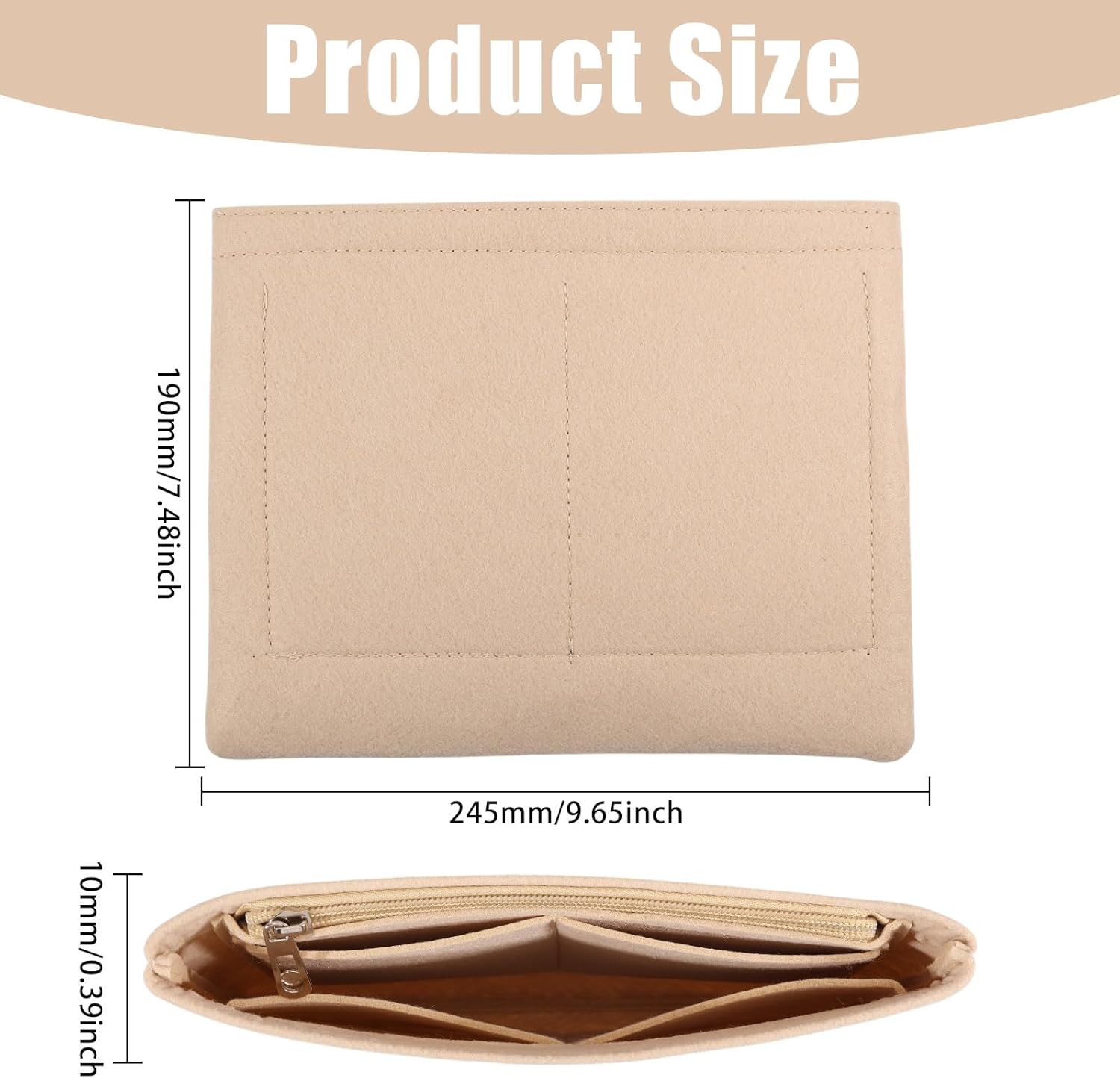 CHGCRAFT Mini Rectangle Felt Purse Organizer Insert with Zipper Small Handbag Organizer for Women, Tote & Bag Storage Organizer, Beige, 7.5x9.64x0.39 inch - Image 2