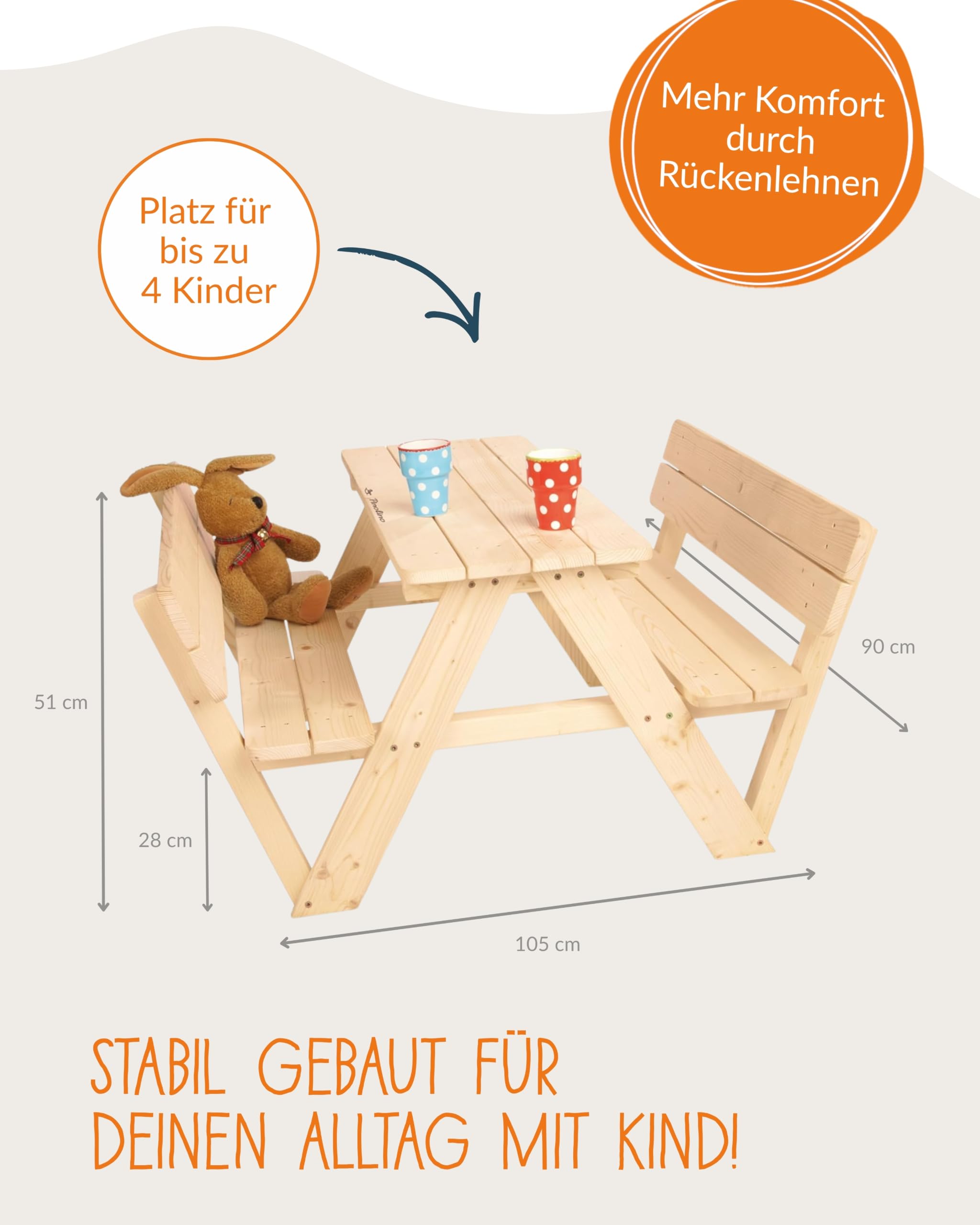 PINOLINO Nicki 4er Kindersitzgruppe mit Lehne aus Massivholz I Kinder Picknicktisch für Garten & Outdoor I Spieltisch mit Rückenlehnen für 4 Kinder I 90 x 105 x 51 cm